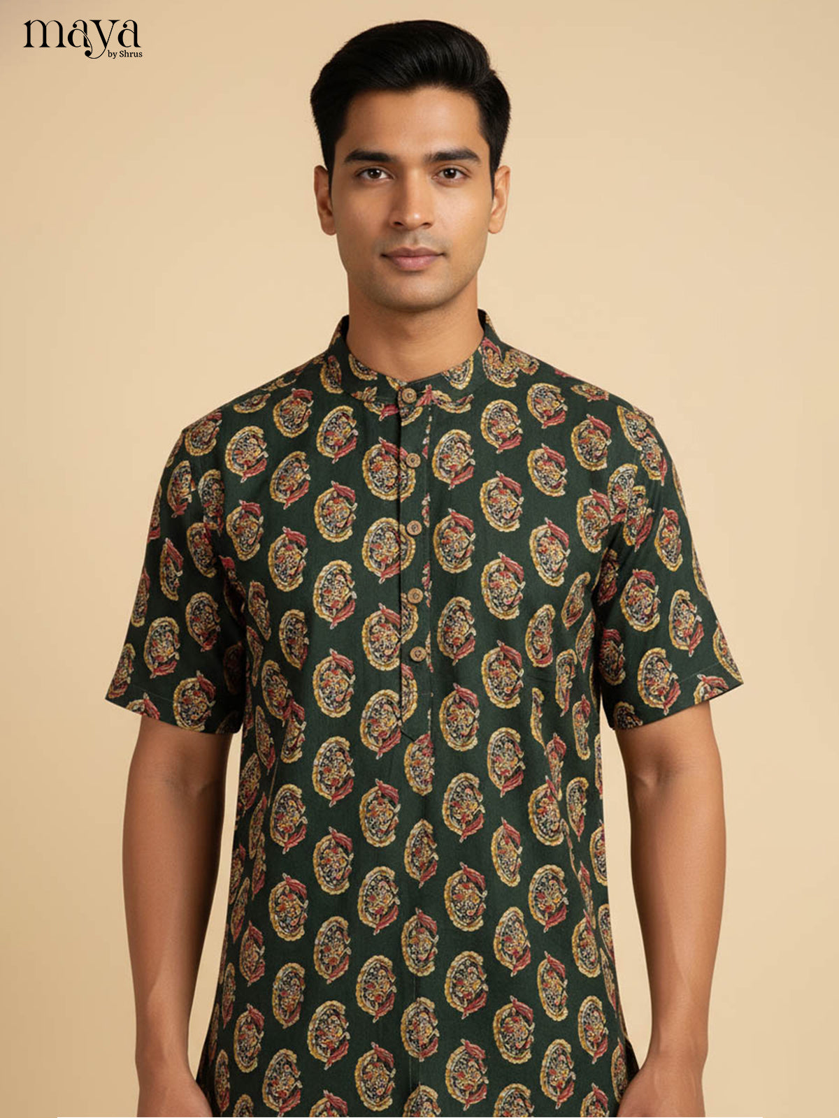 Stunning Bottle Green Kurta For Men With Medallion Prints
