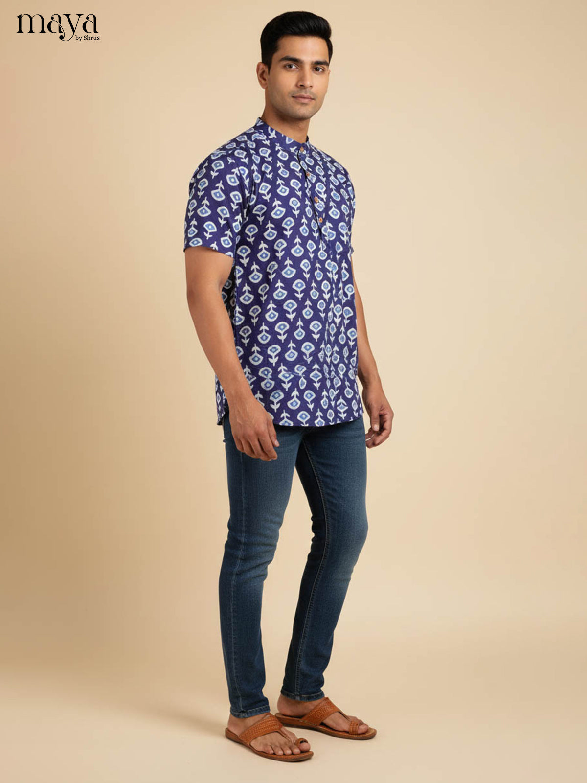 Artistic Indigo Kurta Shirt Printed With Floral Motifs