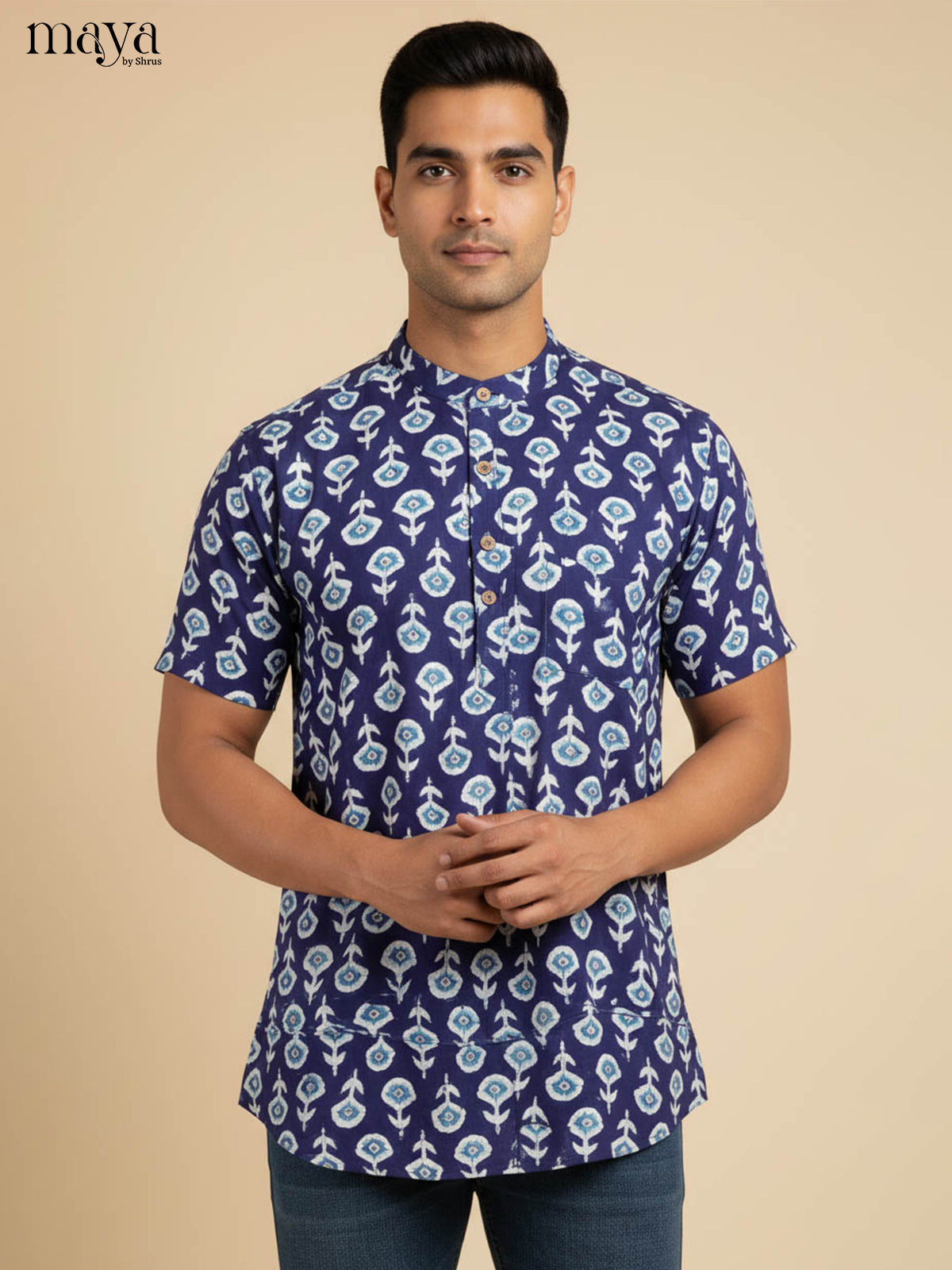 Artistic Indigo Kurta Shirt Printed With Floral Motifs