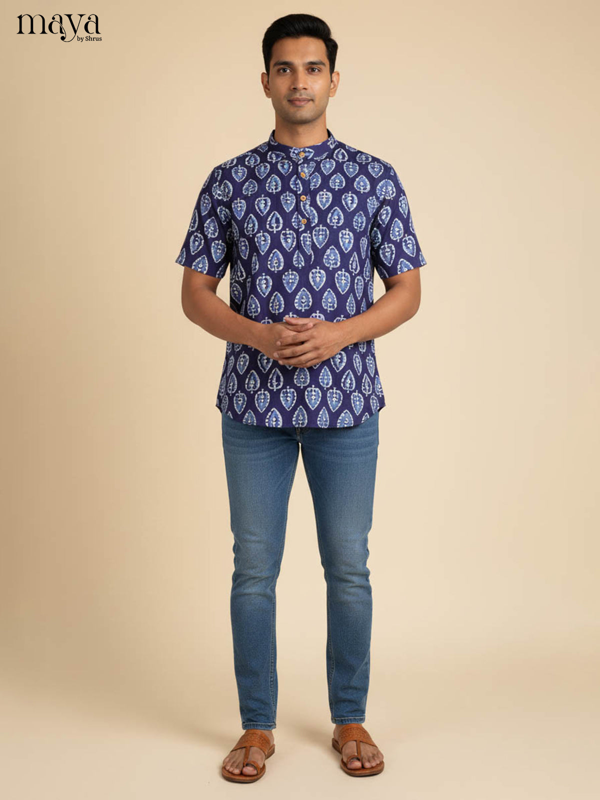 Artistic Indigo Kurta Printed With Leaf Motifs