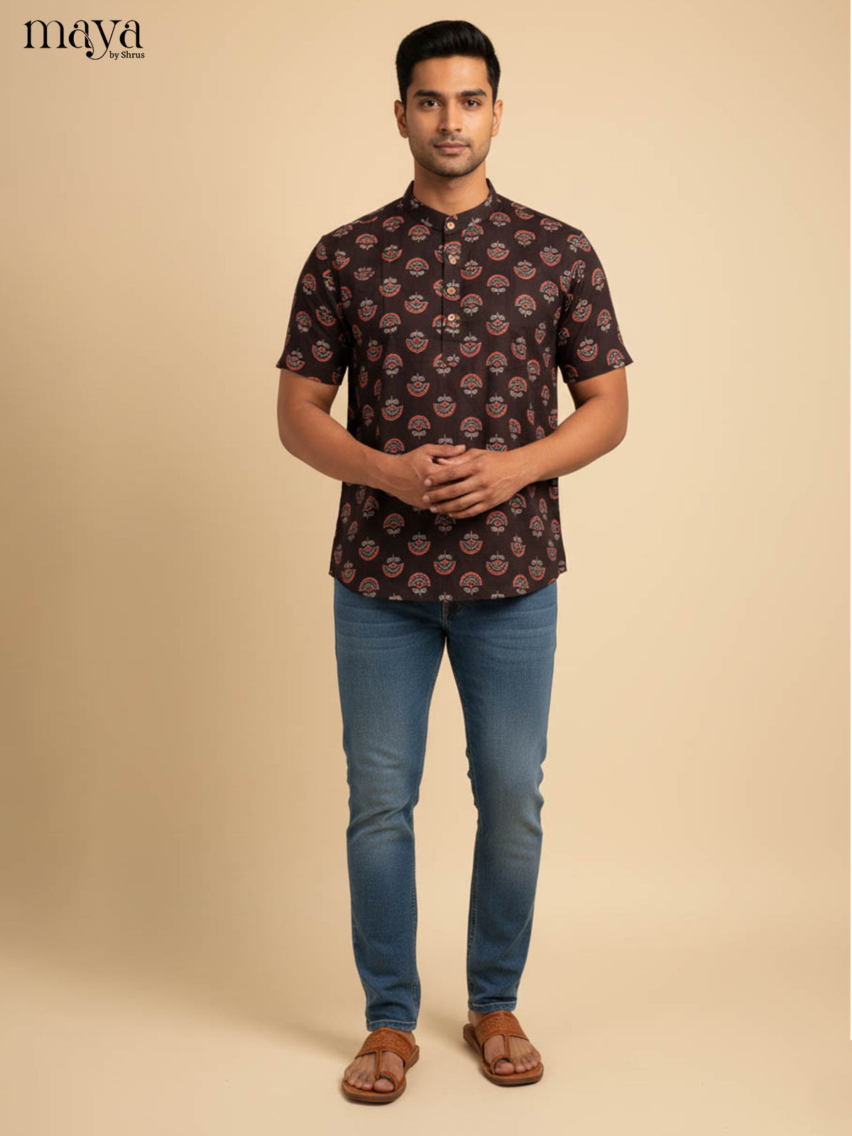 Classic Brown Kurta for Men With Ethnic Motifs