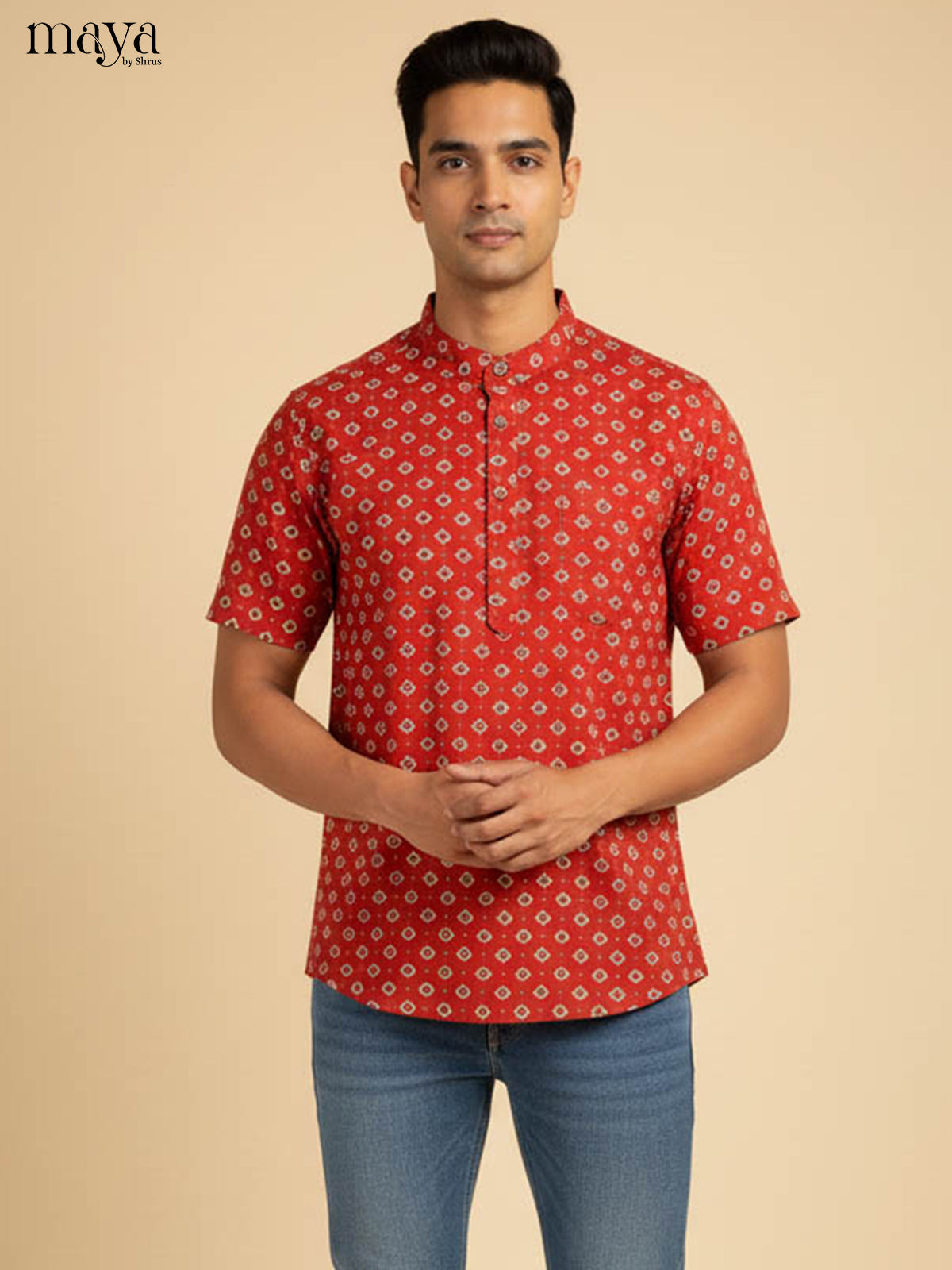 Vibrant Rust Red Kurta For Men With Diamond Prints