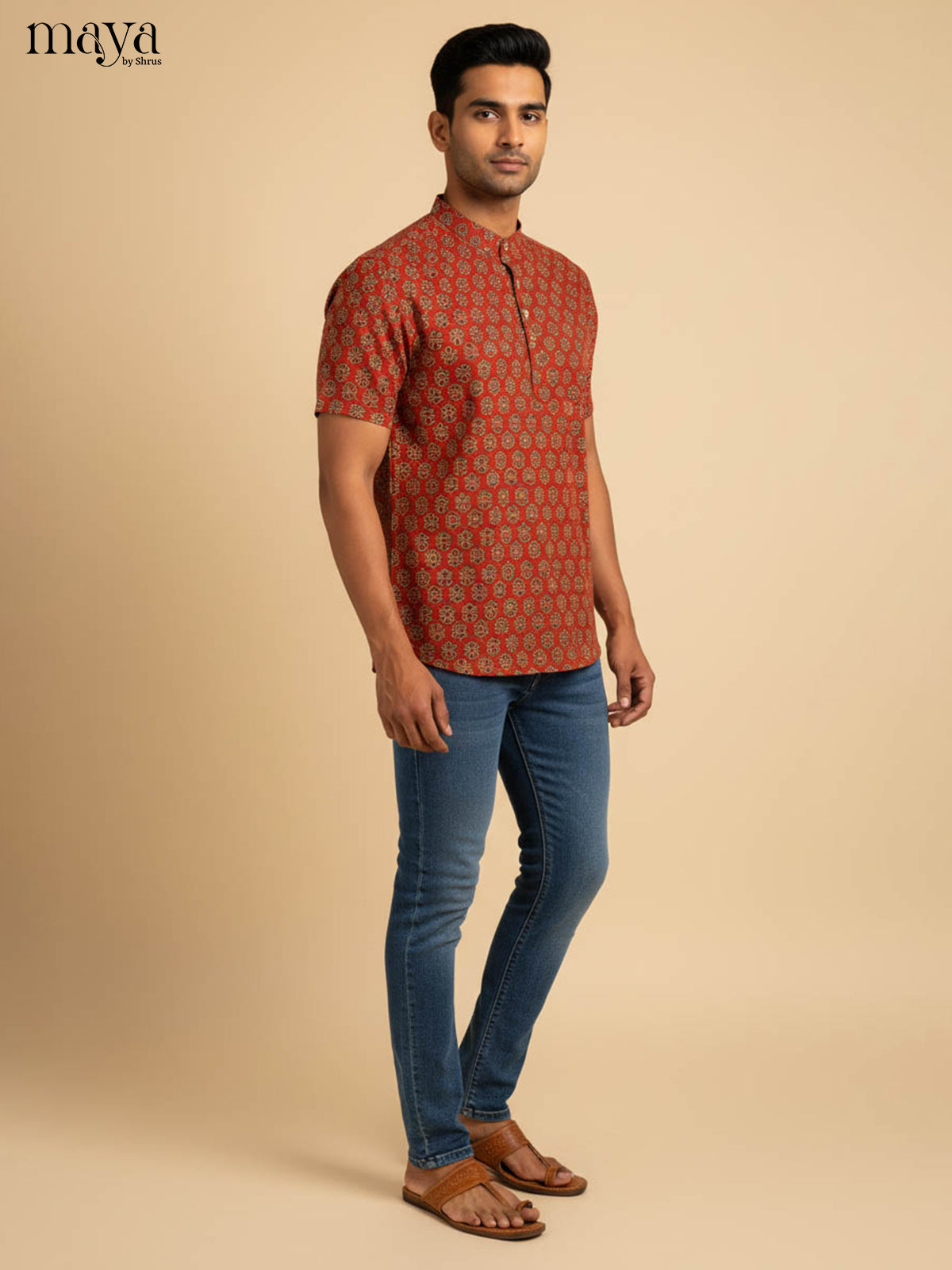 Vibrant Red Cotton Kurta For Men With Indian Floral Prints