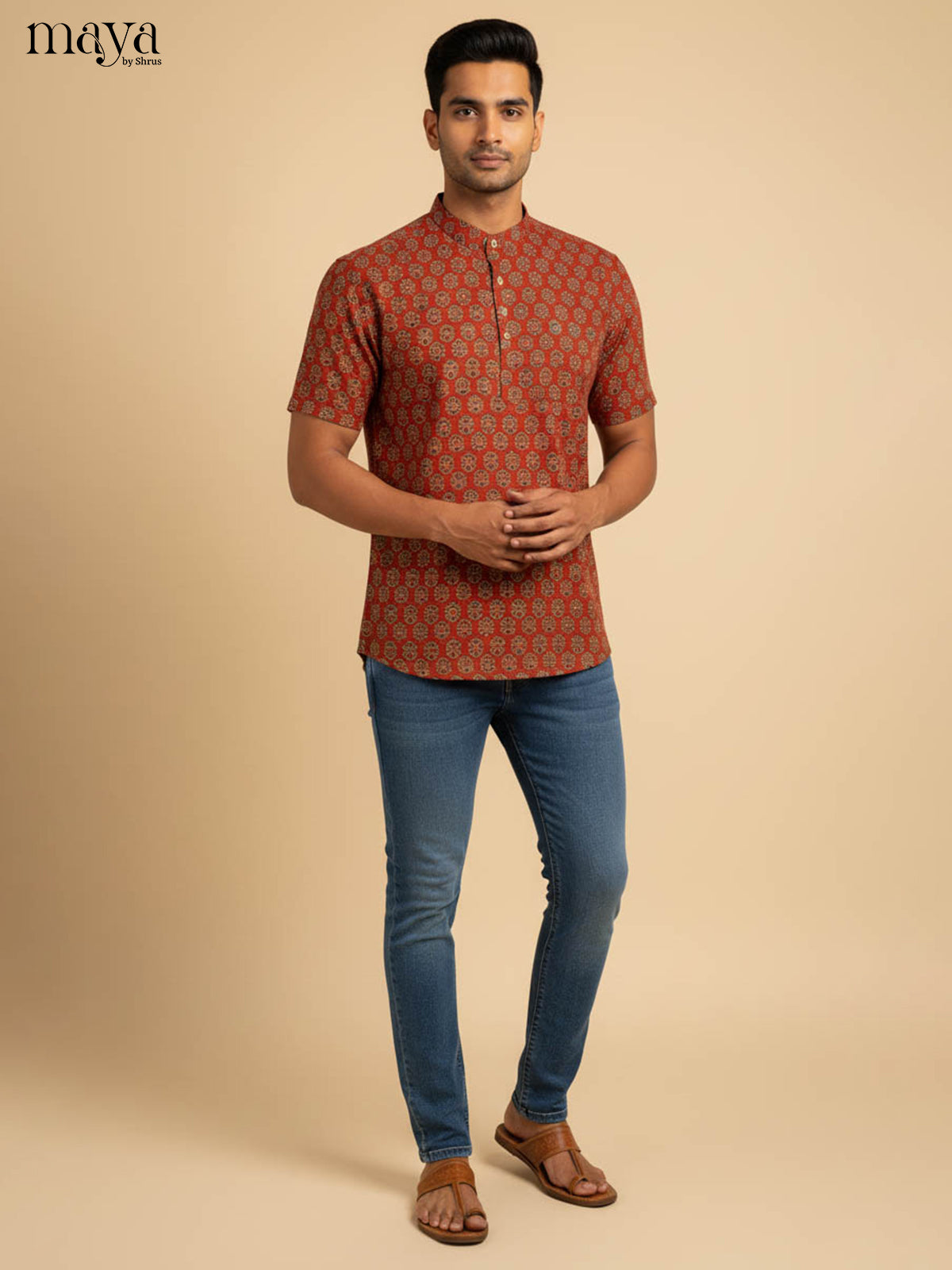 Vibrant Red Cotton Kurta For Men With Indian Floral Prints