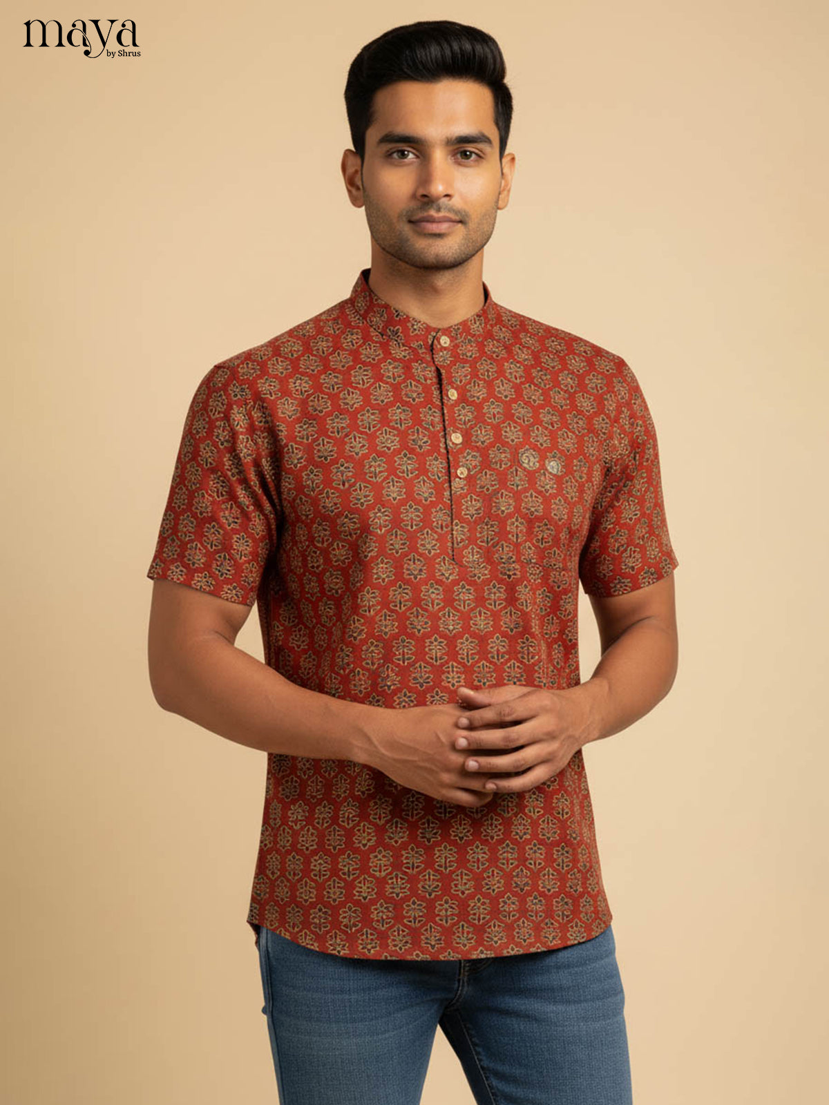 Vibrant Red Cotton Kurta For Men With Indian Floral Prints