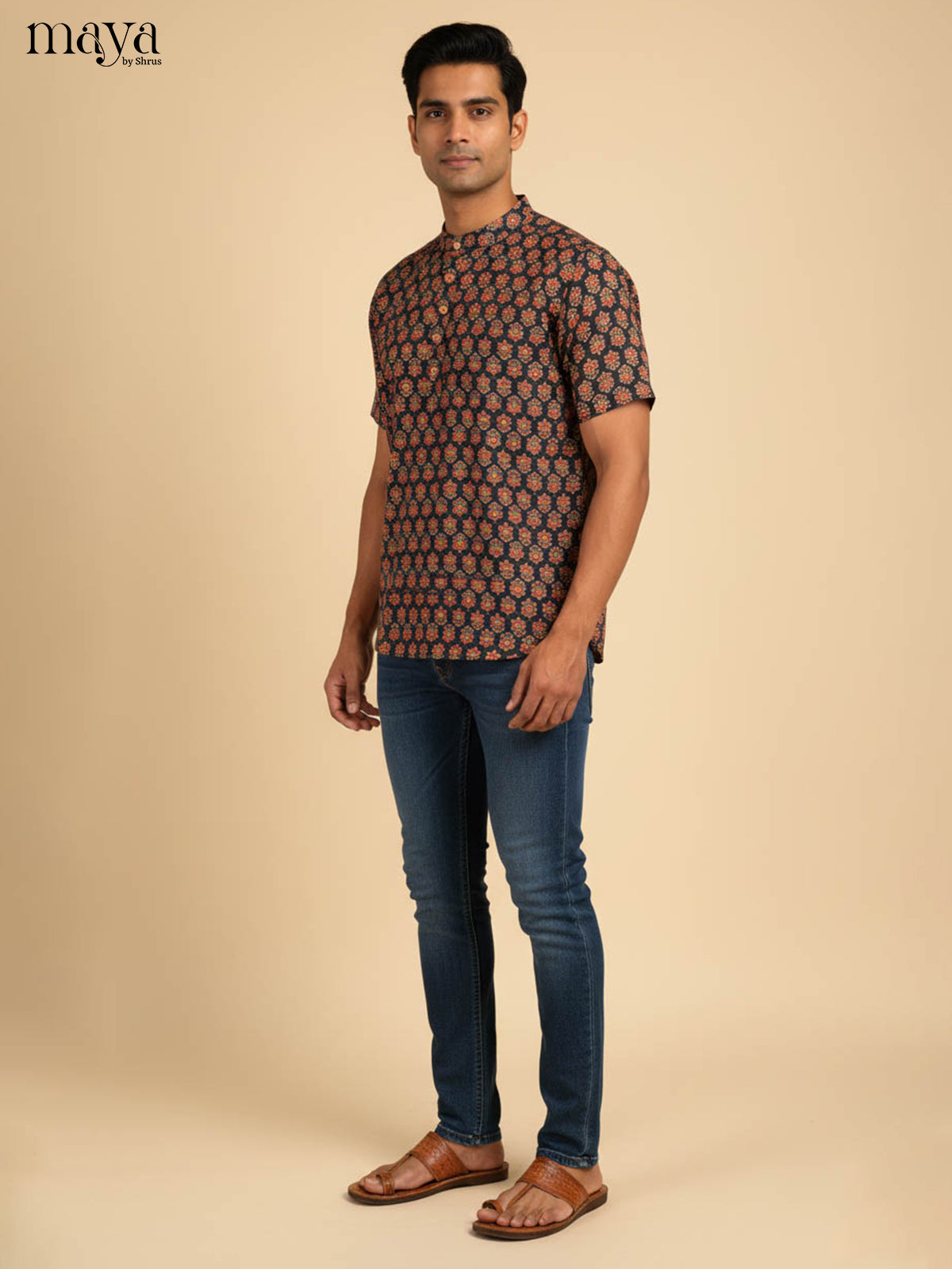 Artistic Navy Blue Kurta Printed With Floral Buttas