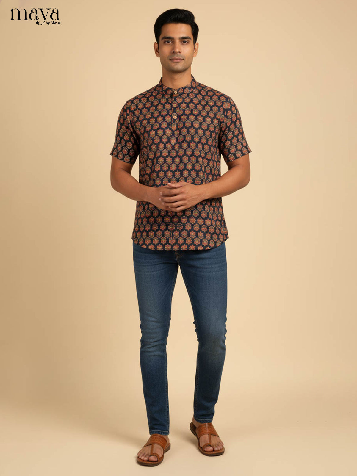 Artistic Navy Blue Kurta Printed With Floral Buttas