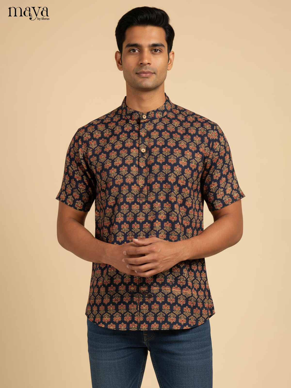 Artistic Navy Blue Kurta Printed With Floral Buttas