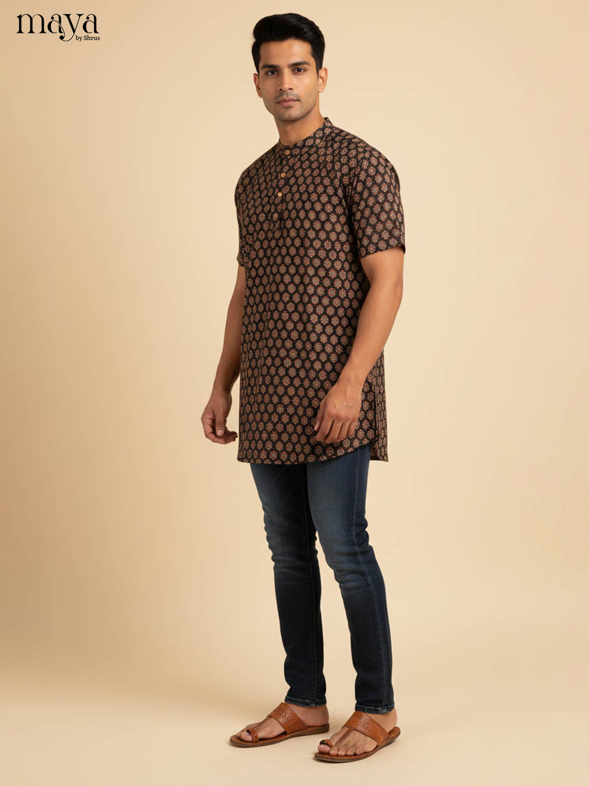Stunning Black Kurta For Men Printed With Floral Motifs