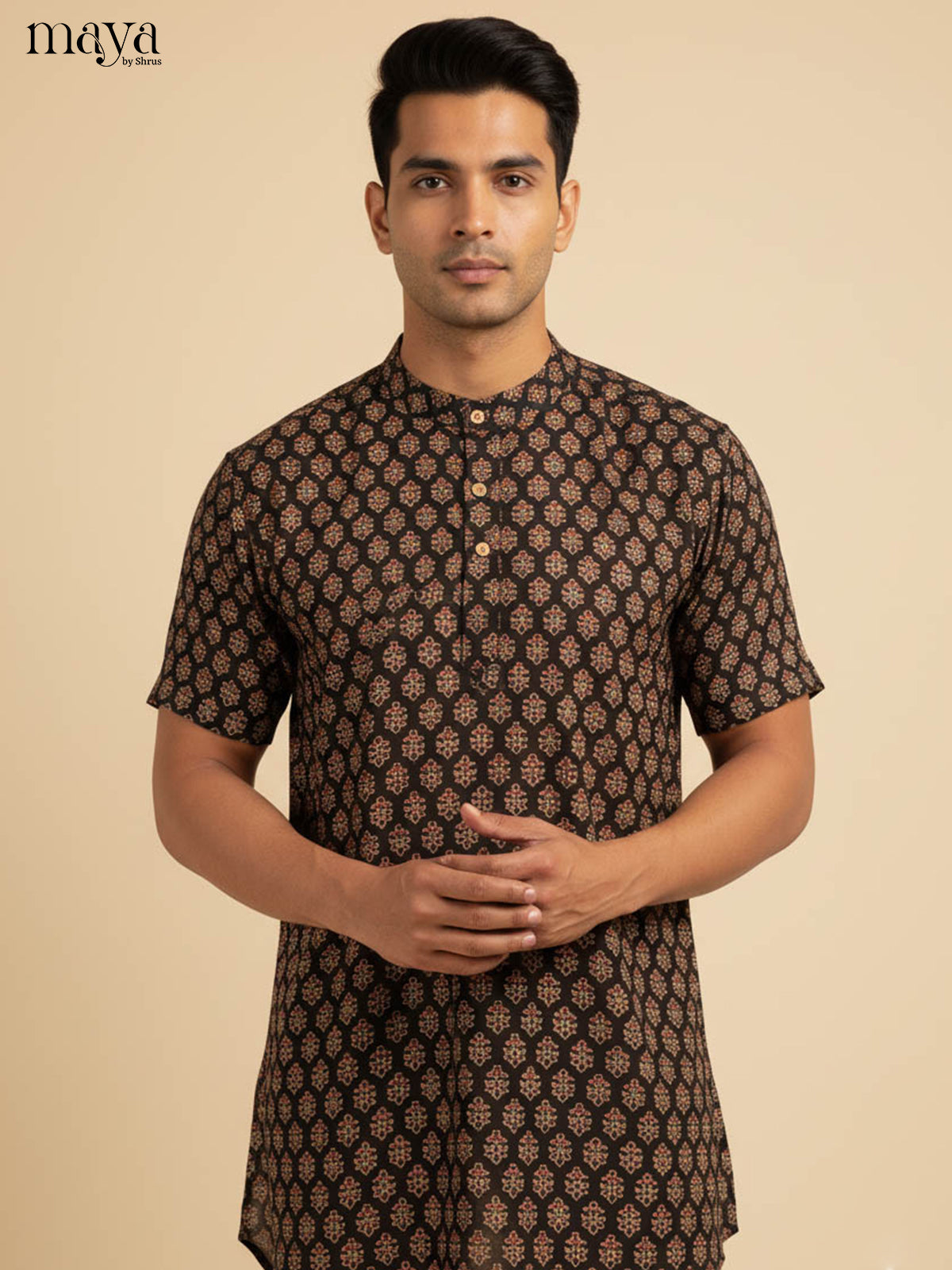 Stunning Black Kurta For Men Printed With Floral Motifs
