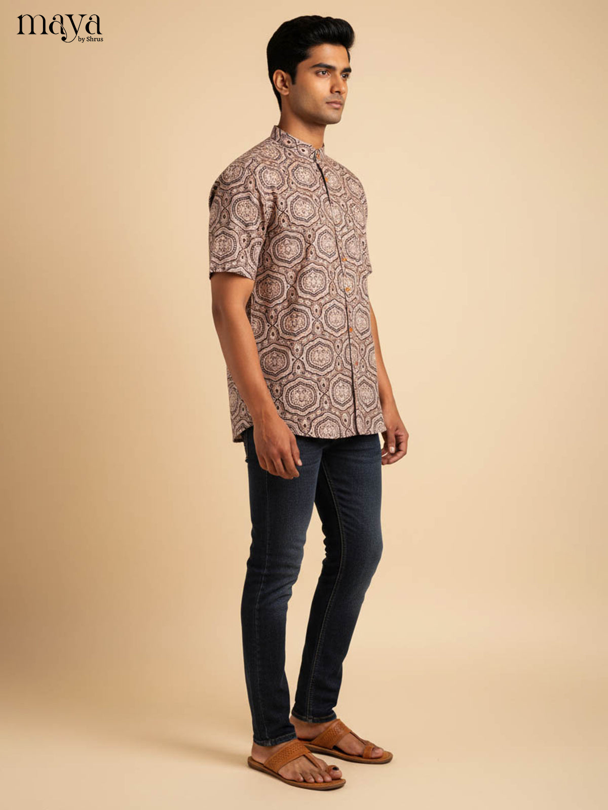 Elegant Earthy Brown Hexagonal Printed Kurta Shirt For Men