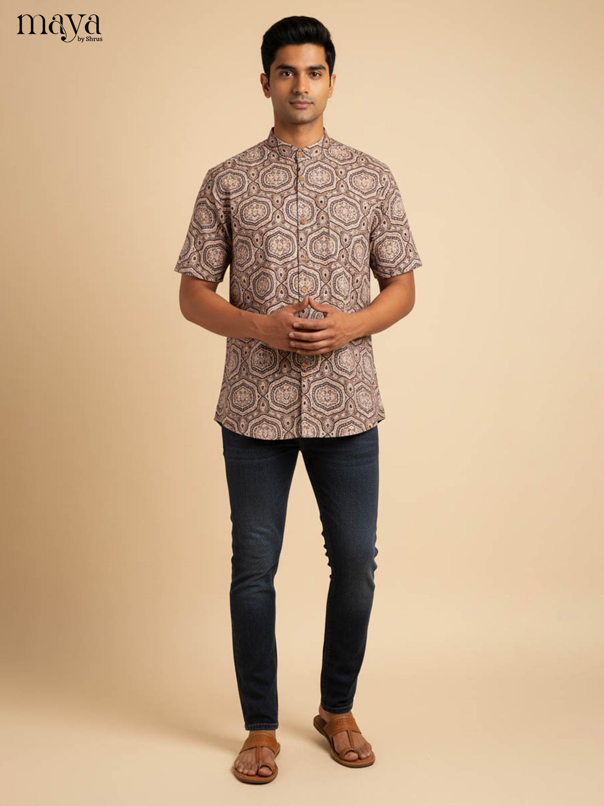 Elegant Earthy Brown Hexagonal Printed Kurta Shirt For Men