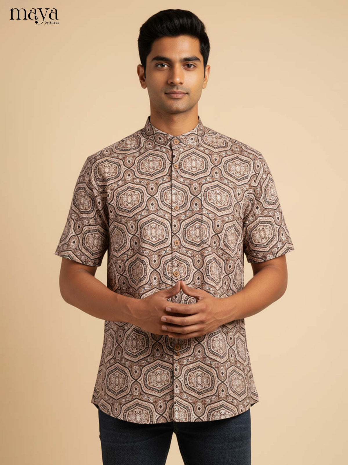 Elegant Earthy Brown Hexagonal Printed Kurta Shirt For Men