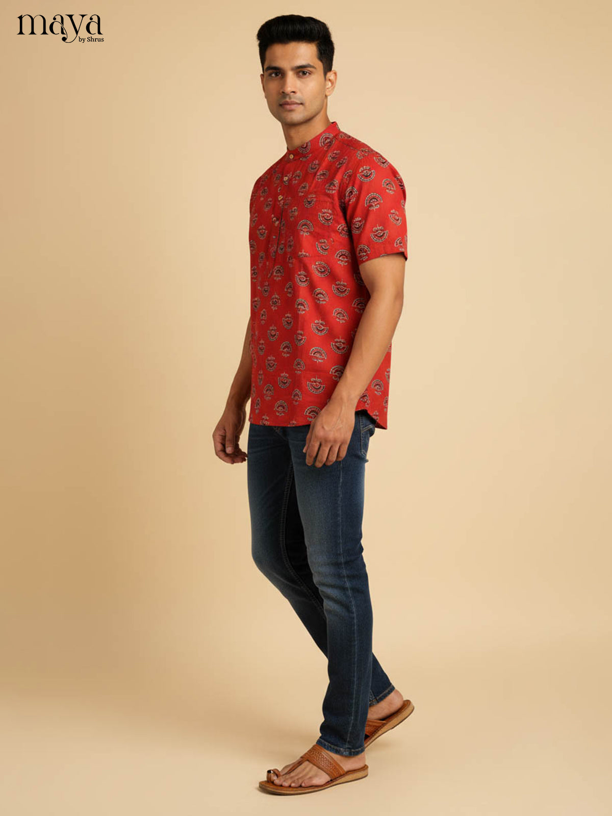 Bright Red Printed Kurta Shirt With Block Patterns