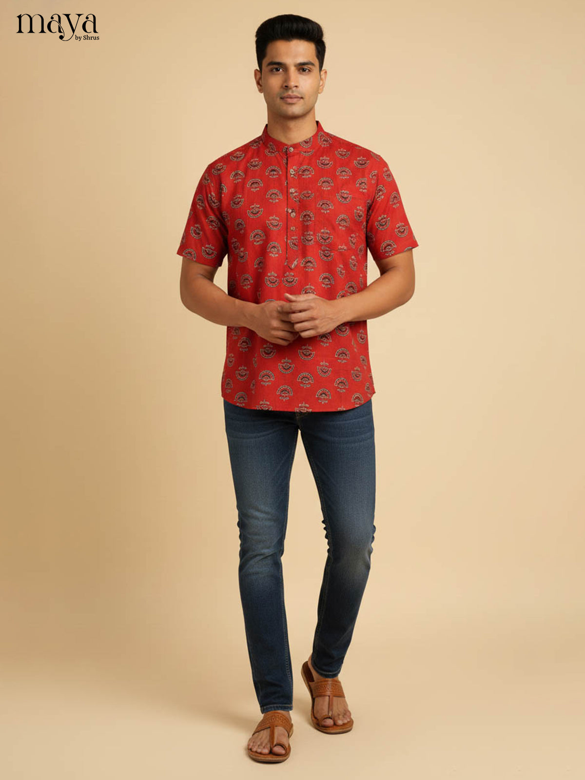 Bright Red Printed Kurta Shirt With Block Patterns