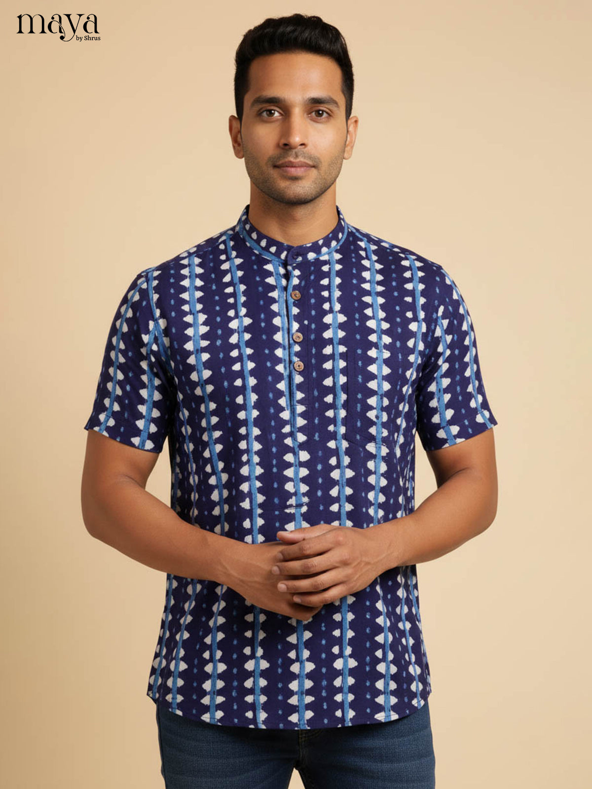 Striking Blue & White Printed Kurta for Men