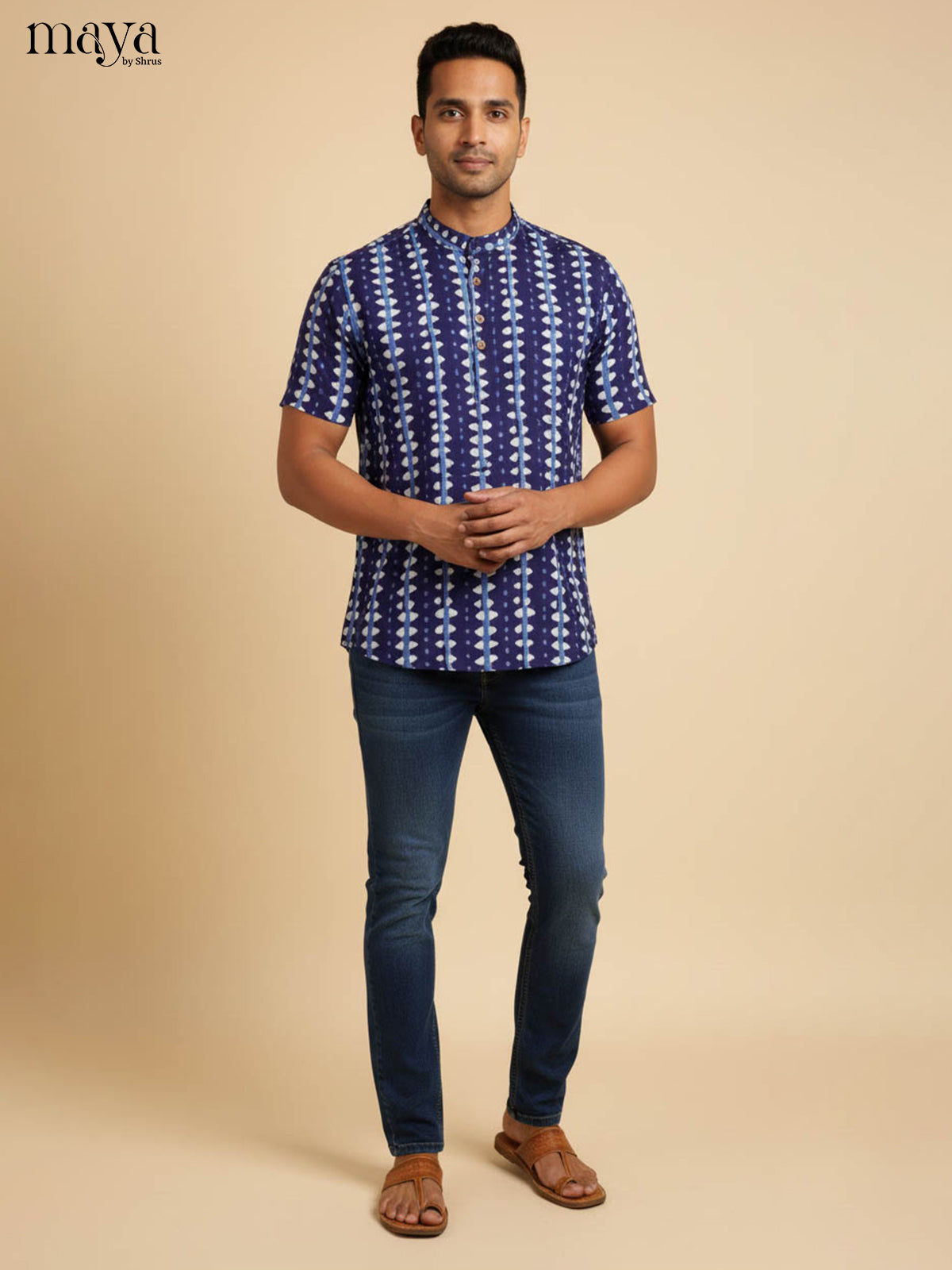 Striking Blue & White Printed Kurta for Men