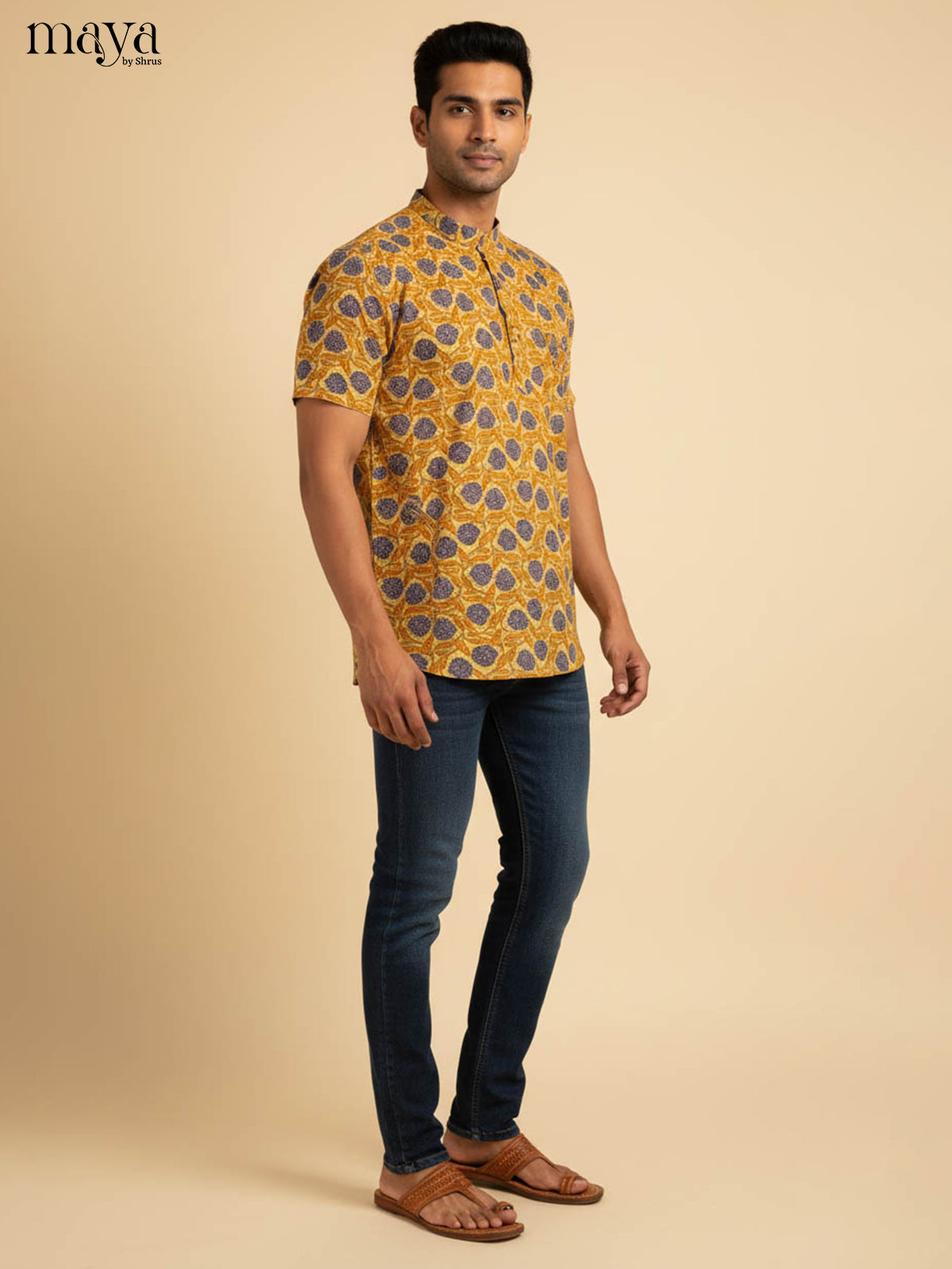 Radiant Mustard Half Kurta for Men With Floral Print