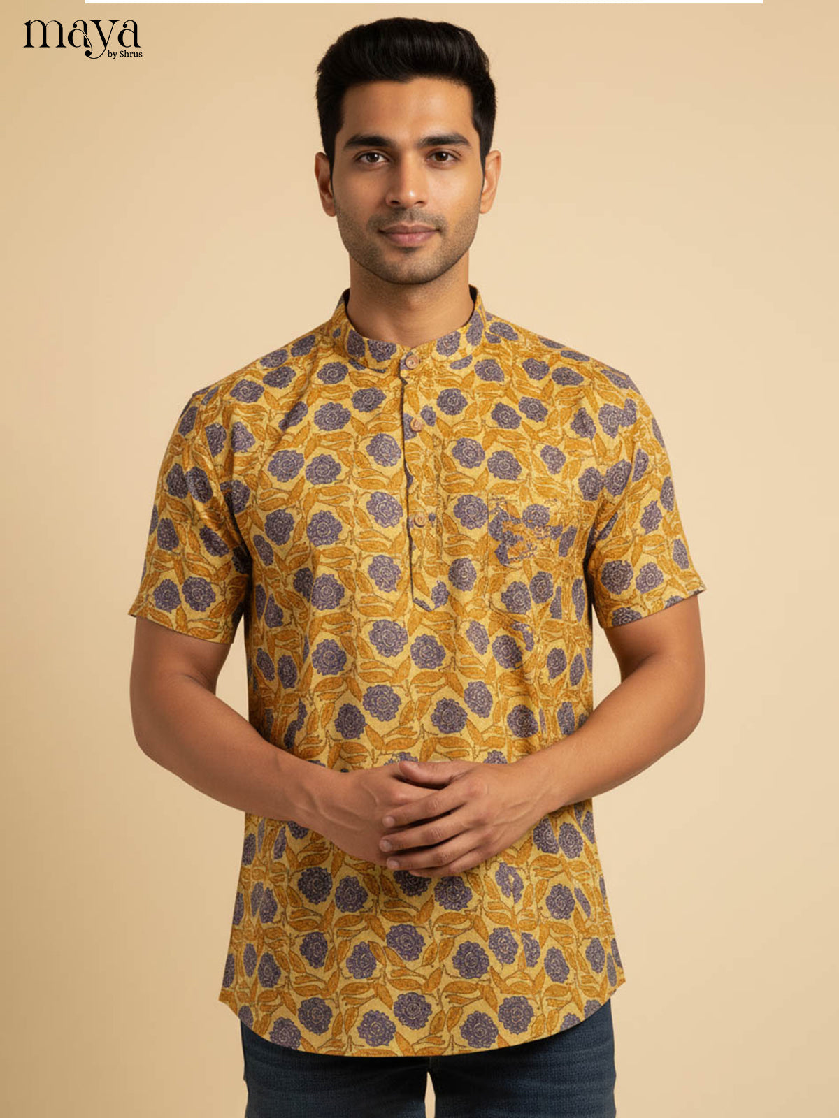 Radiant Mustard Half Kurta for Men With Floral Print