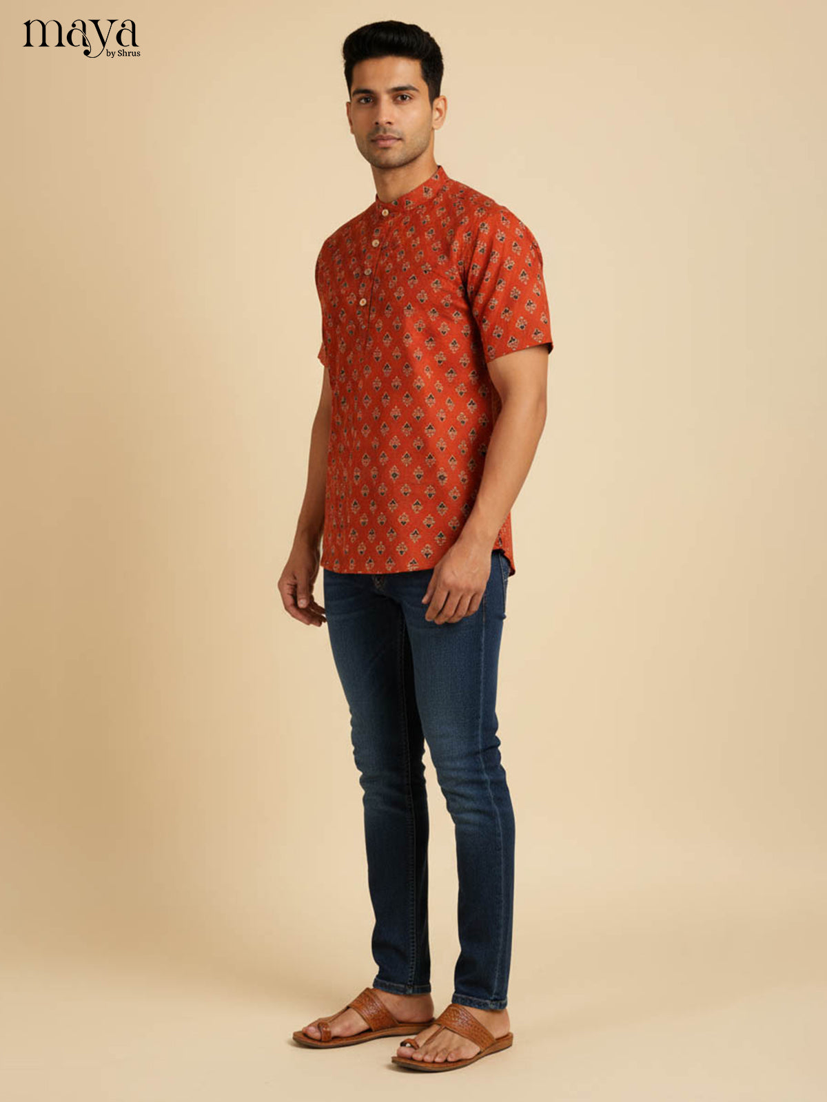 Regal Rust Red Half Kurta for Men With Diamond Patterns