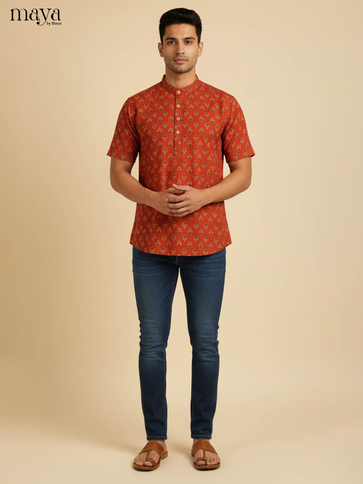 Regal Rust Red Half Kurta for Men With Diamond Patterns