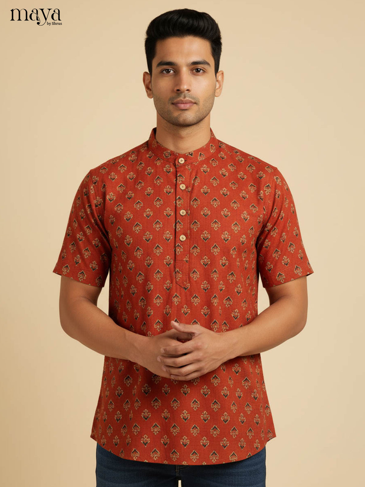 Regal Rust Red Half Kurta for Men With Diamond Patterns