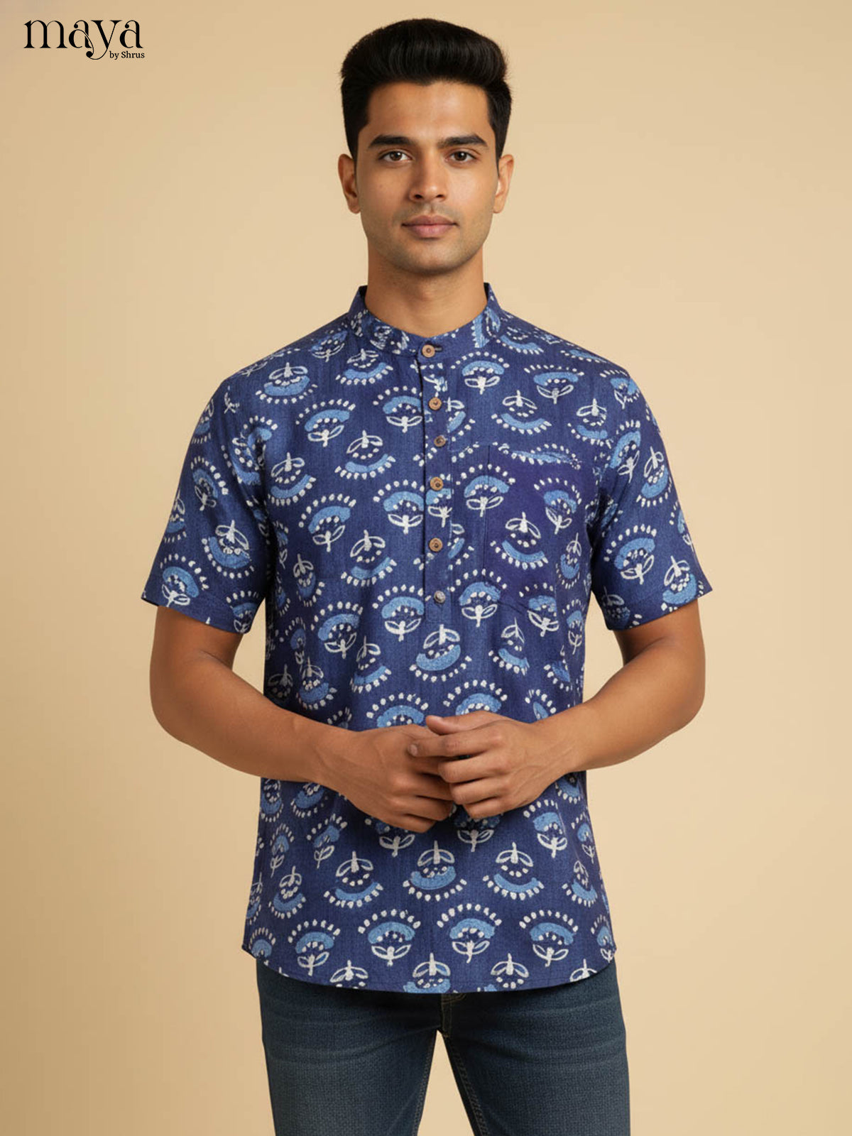 Charming Indigo Short Kurta For Men With Floral Prints