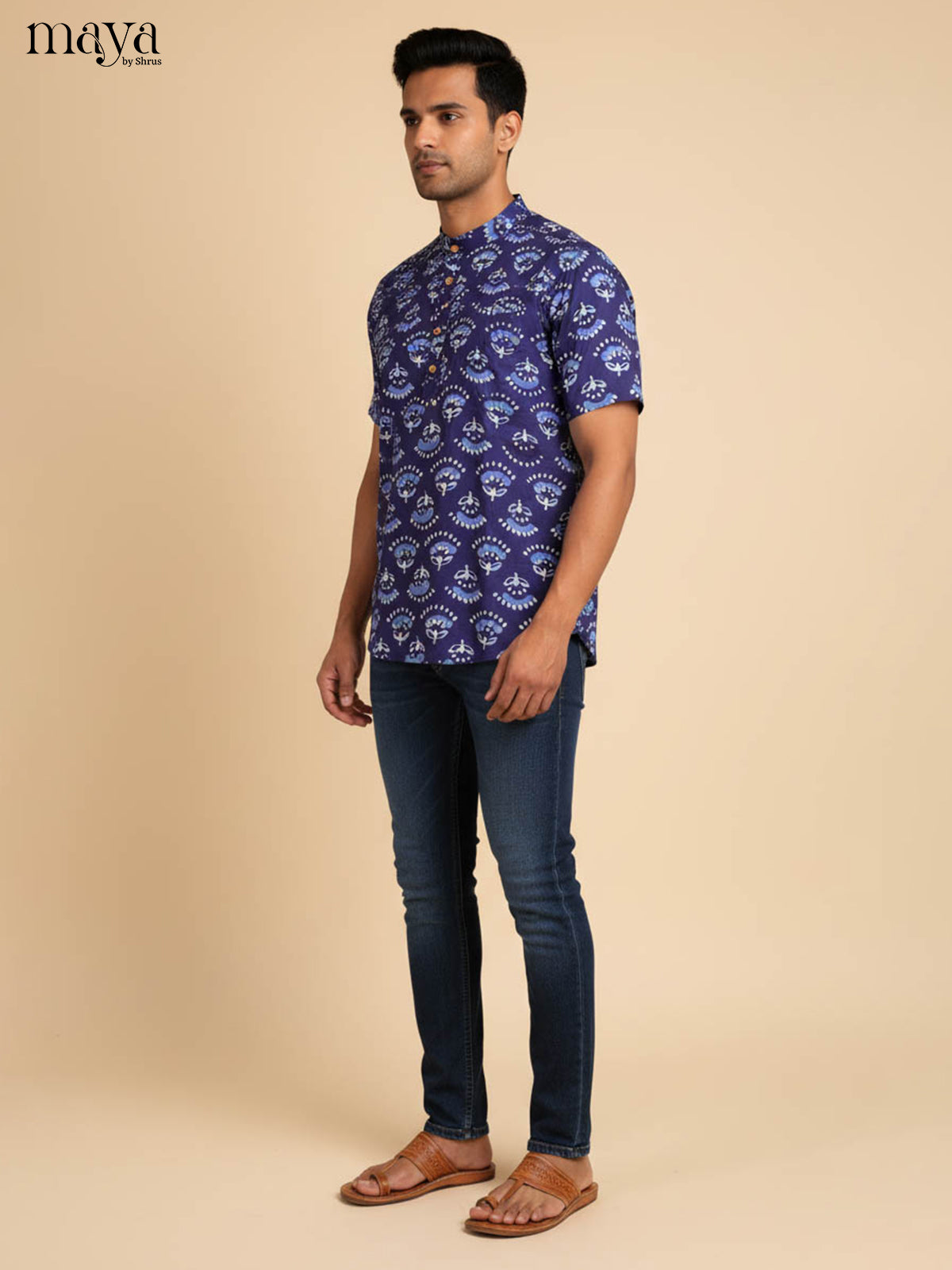 Charming Indigo Short Kurta For Men With Floral Prints