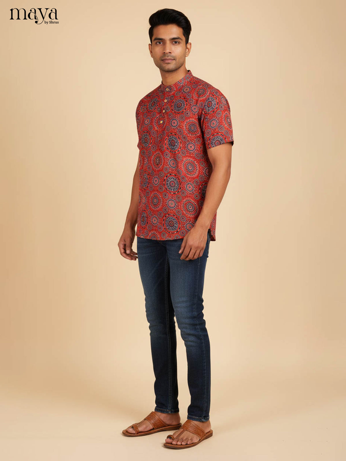 Exquisite Red Short Kurta For Men With Ajrakh Prints