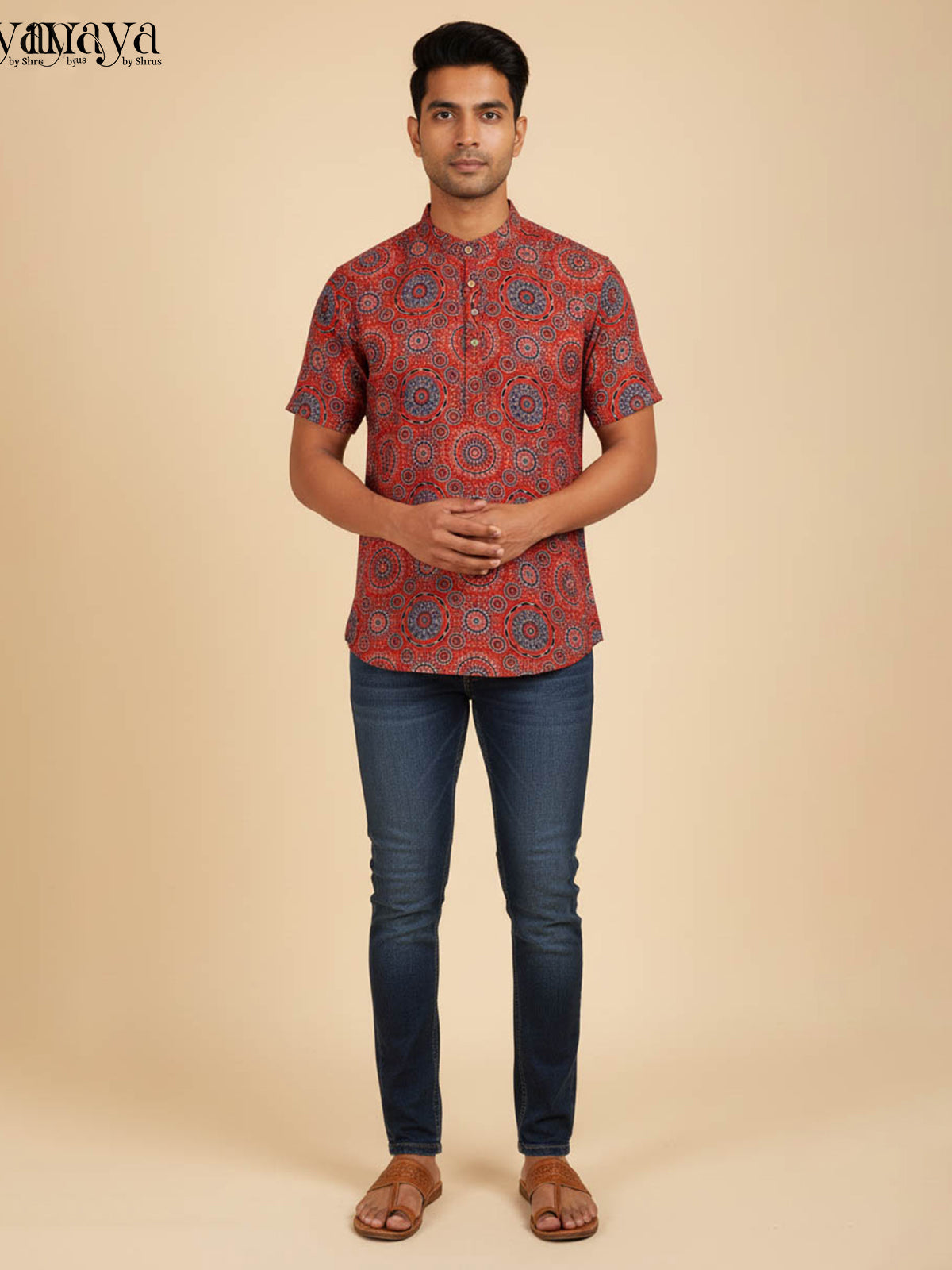 Exquisite Red Short Kurta For Men With Ajrakh Prints