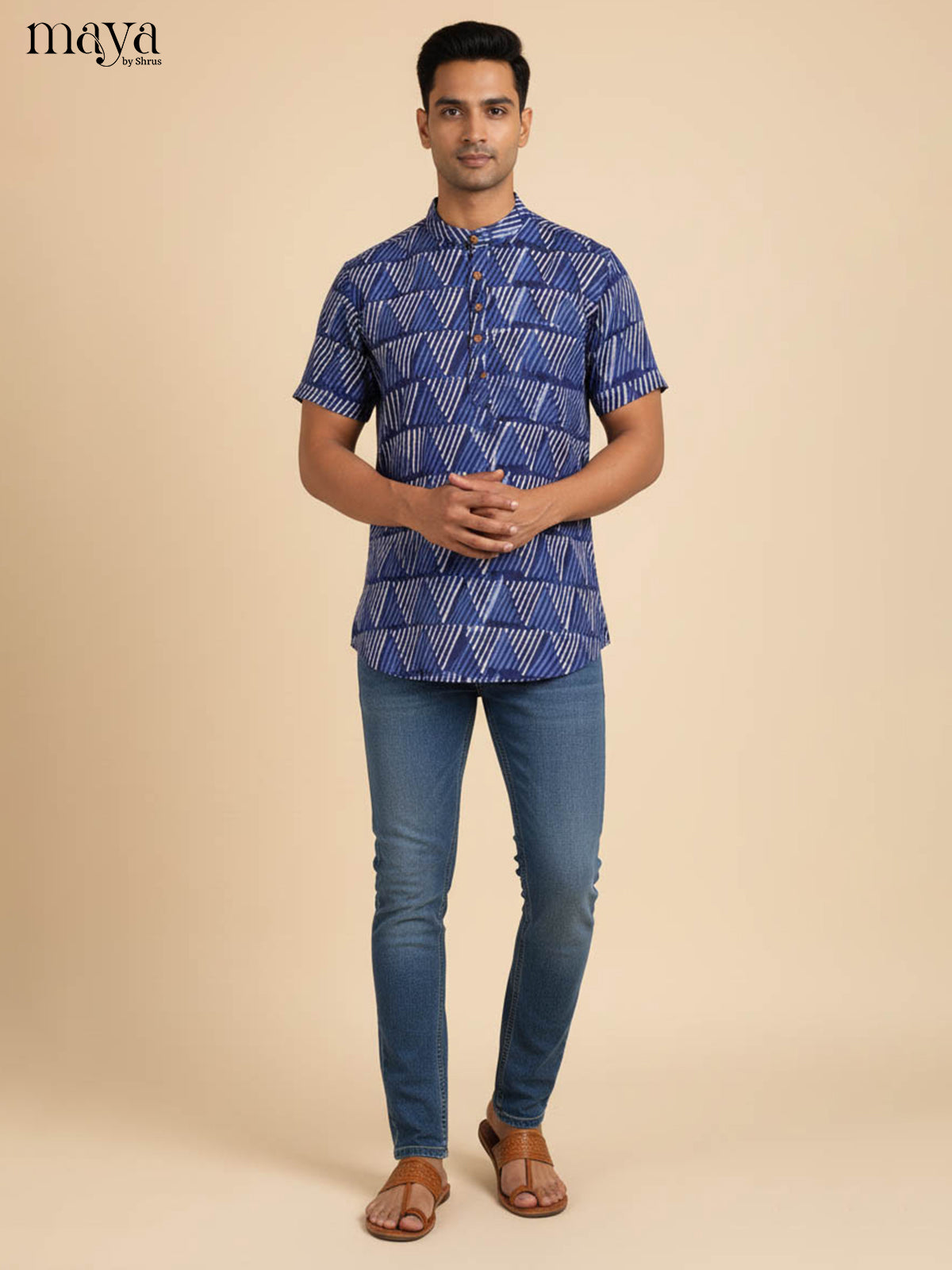 Modern Indigo Kurta Shirt For Men With Geometric Prints