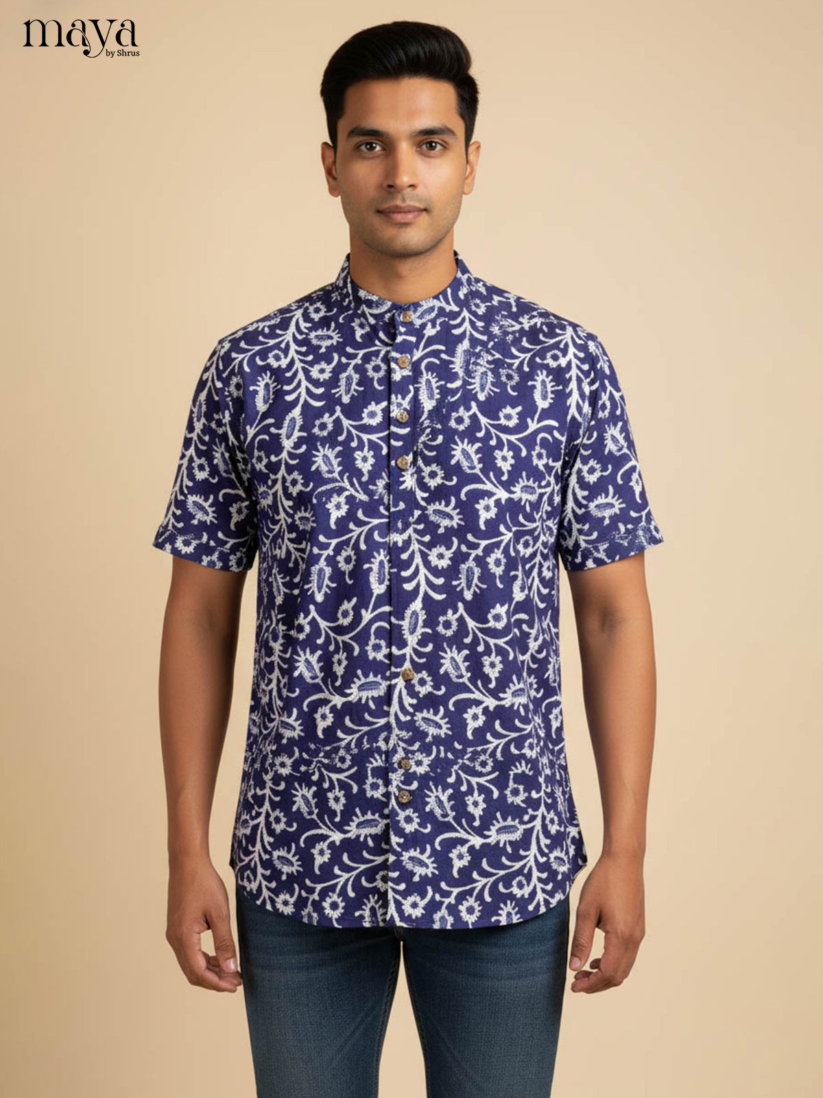 Artistic Indigo Kurta Shirt Printed With Floral Vines