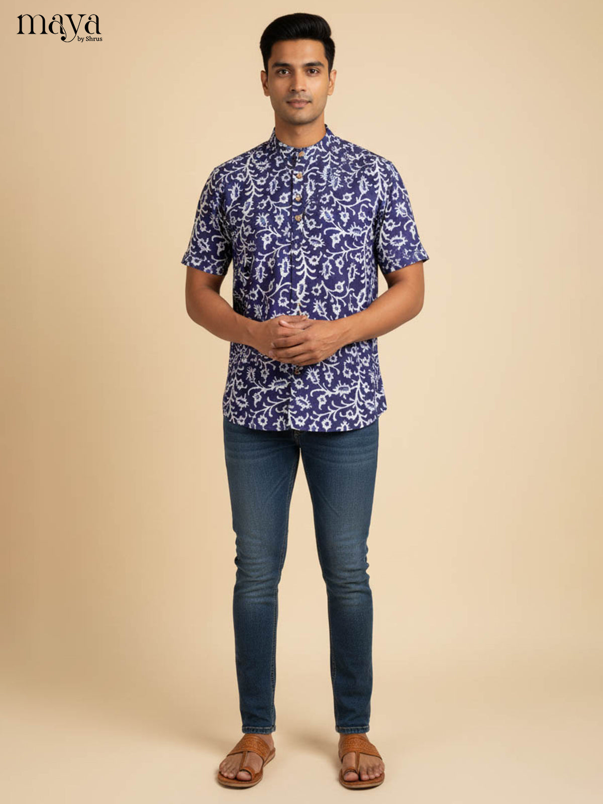 Artistic Indigo Kurta Shirt Printed With Floral Vines