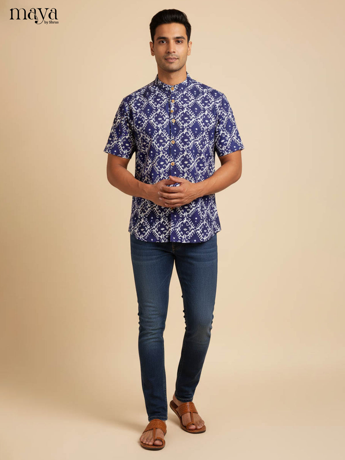 Stylish Indigo Kurta Shirt For Men With Geometric Pattern