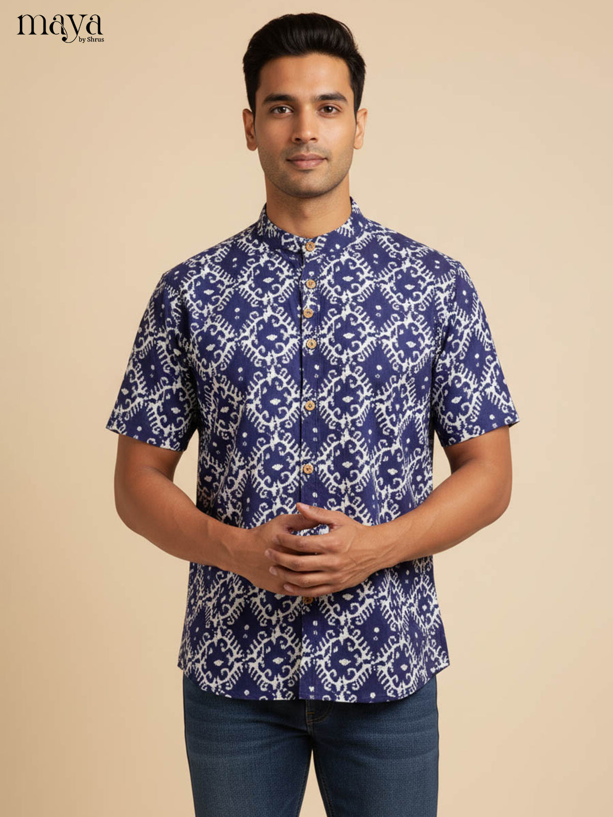 Stylish Indigo Kurta Shirt For Men With Geometric Pattern