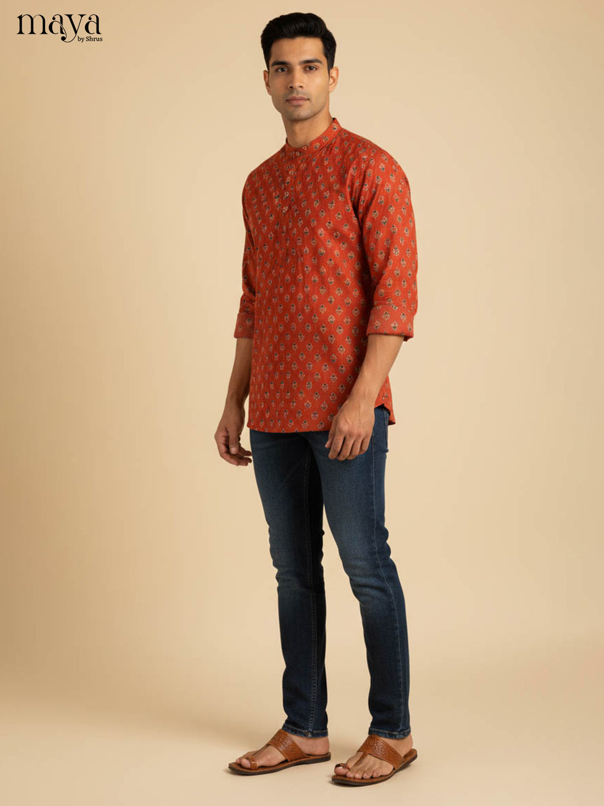 Timeless Rust Orange Short Kurta For Men With Floral Prints