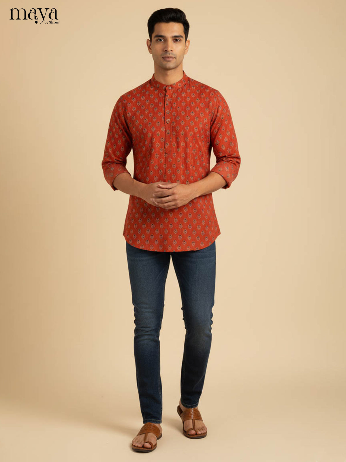 Timeless Rust Orange Short Kurta For Men With Floral Prints