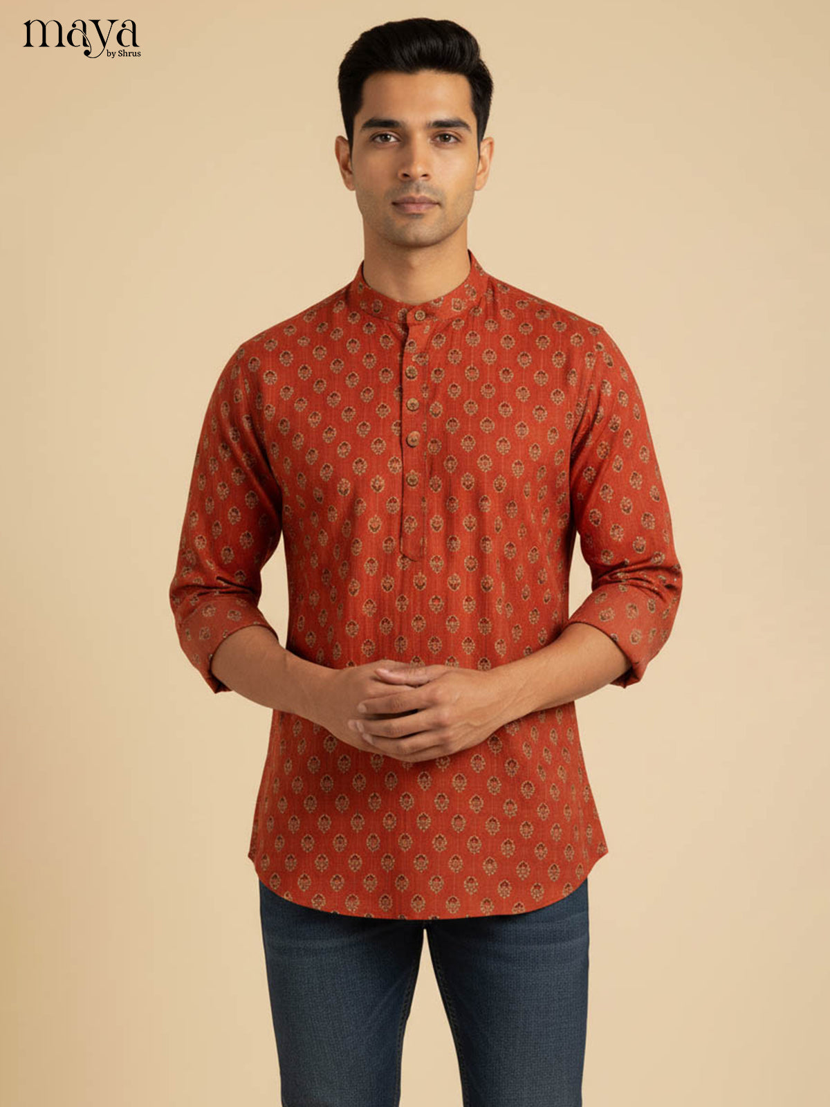 Timeless Rust Orange Short Kurta For Men With Floral Prints