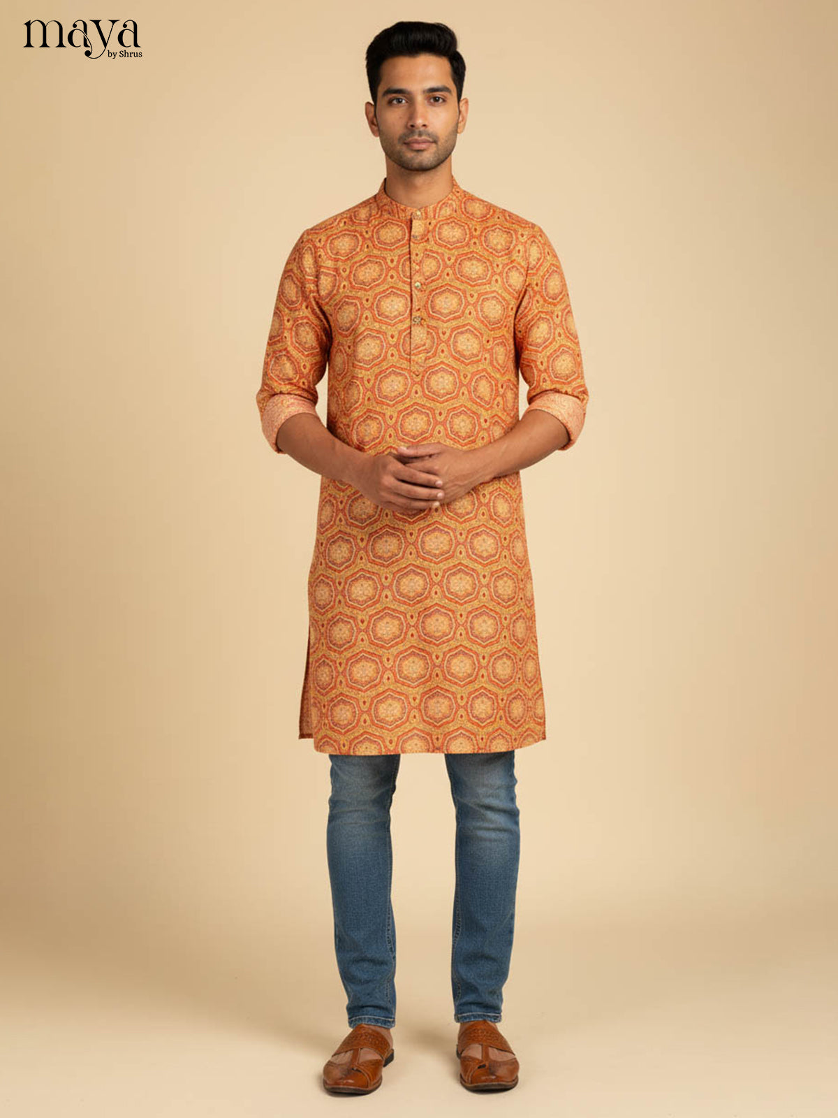 Radiant Mustard Yellow Kurta For Men With Hexagonal Prints