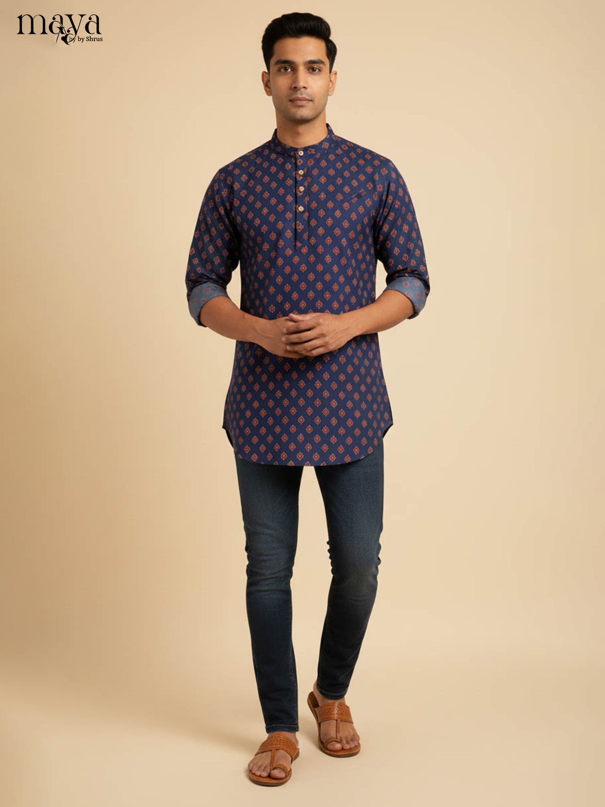 Dashing Navy Short Kurta For Men With Geometric Print