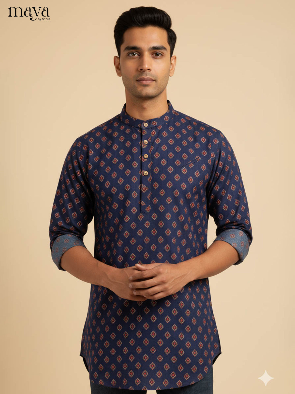 Dashing Navy Short Kurta For Men With Geometric Print