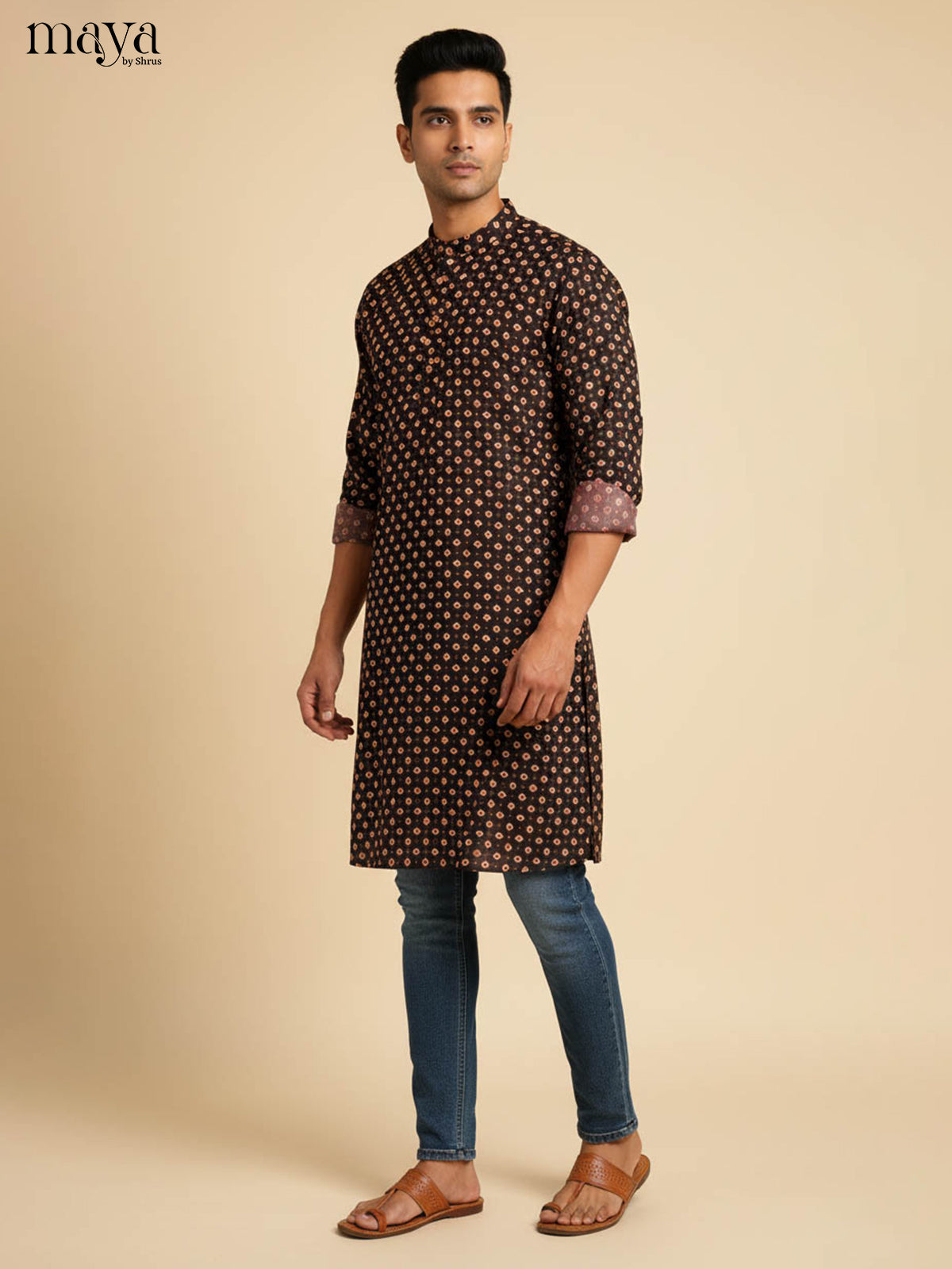 Elegant Midnight Black Kurta For Men With Bandhini Prints