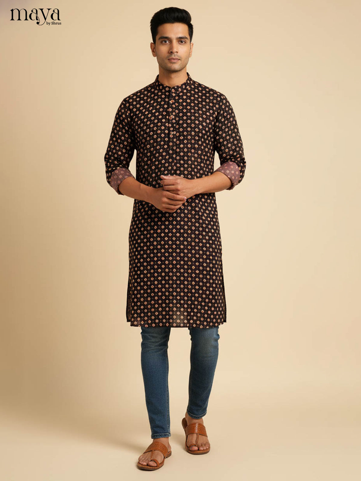 Elegant Midnight Black Kurta For Men With Bandhini Prints