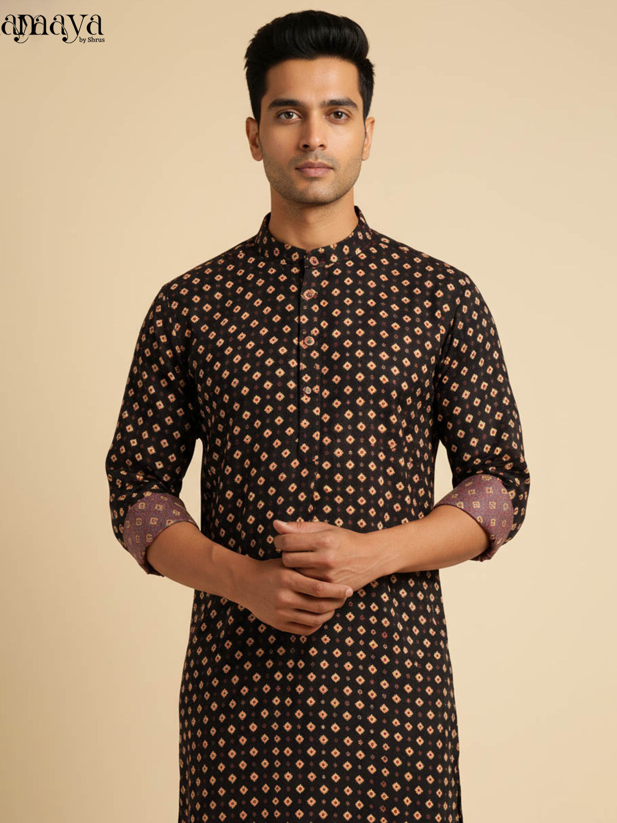 Elegant Midnight Black Kurta For Men With Bandhini Prints