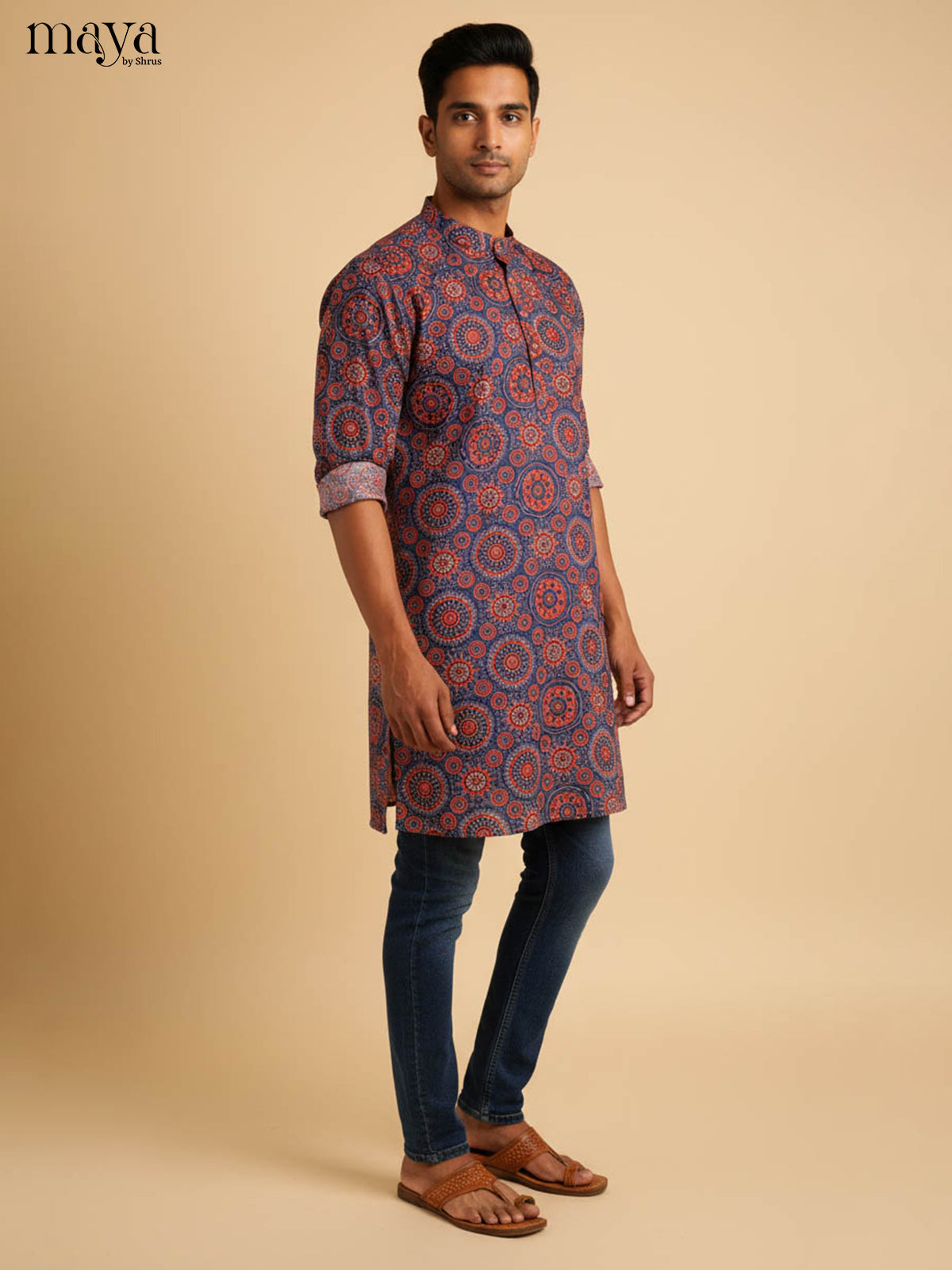 Classy Dark Blue Kurta For Men With Ajarakh Prints