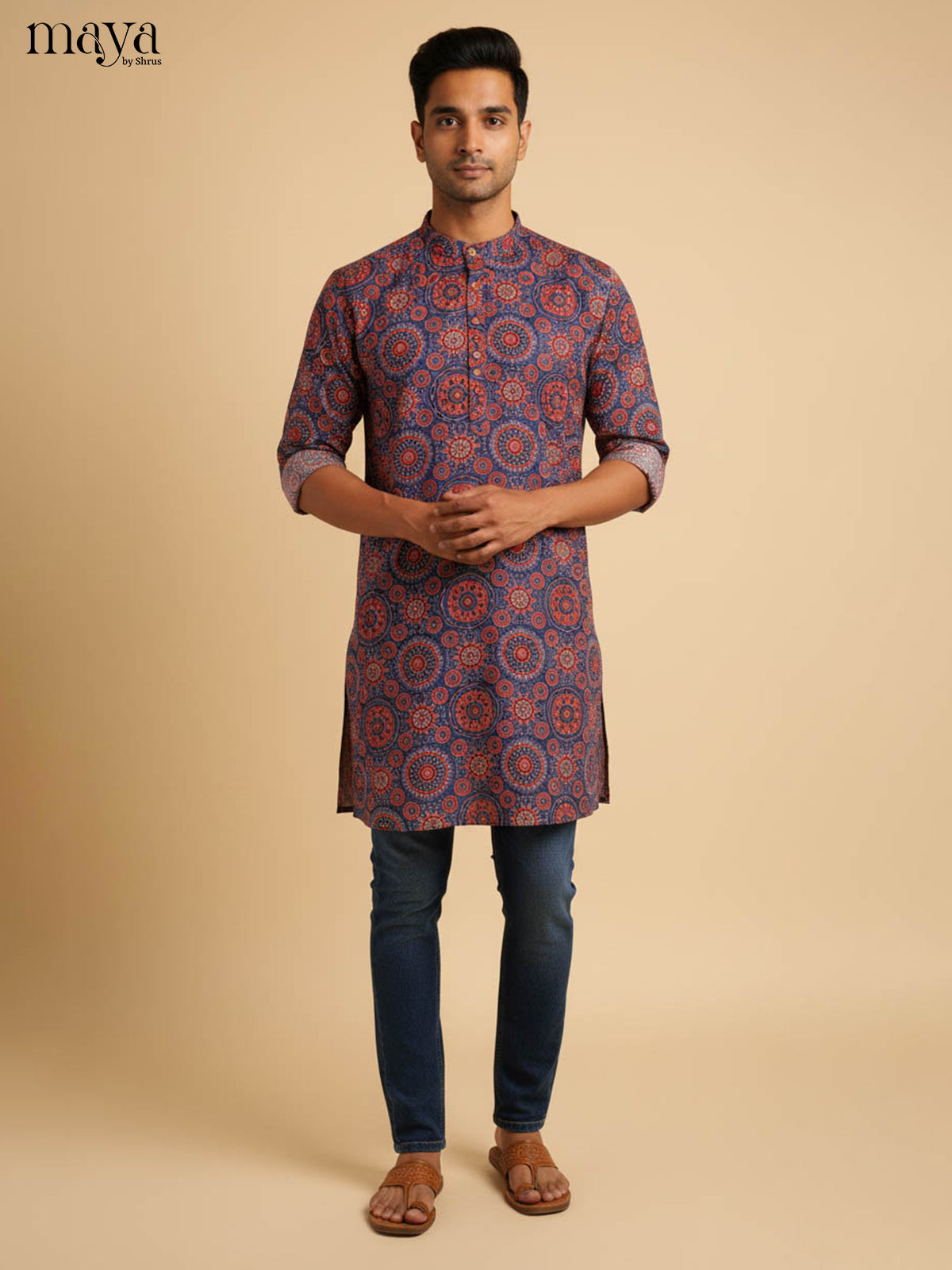 Classy Dark Blue Kurta For Men With Ajarakh Prints