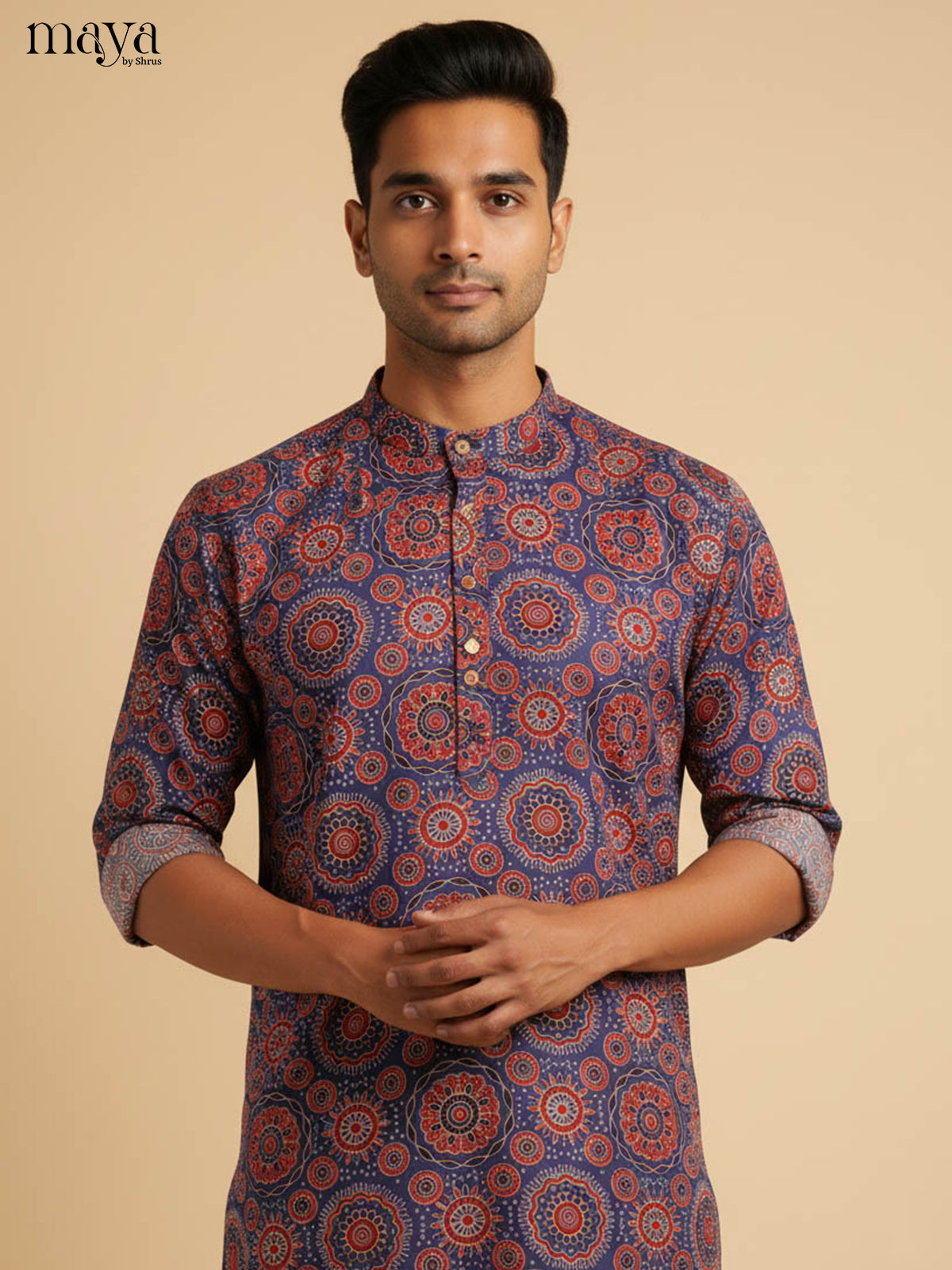 Classy Dark Blue Kurta For Men With Ajarakh Prints