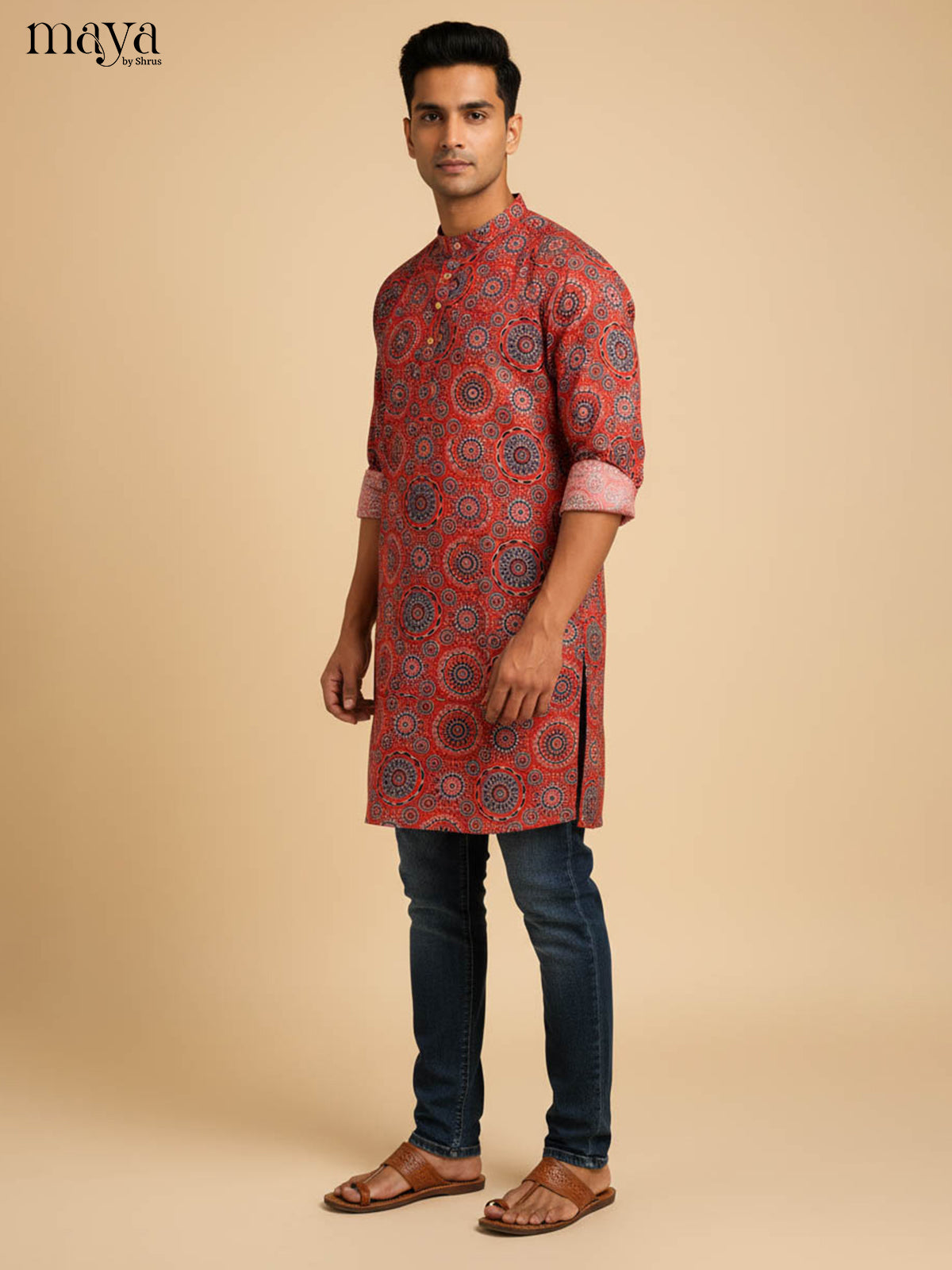 Vibrant Red Kurta For Men With Ajarakh Prints