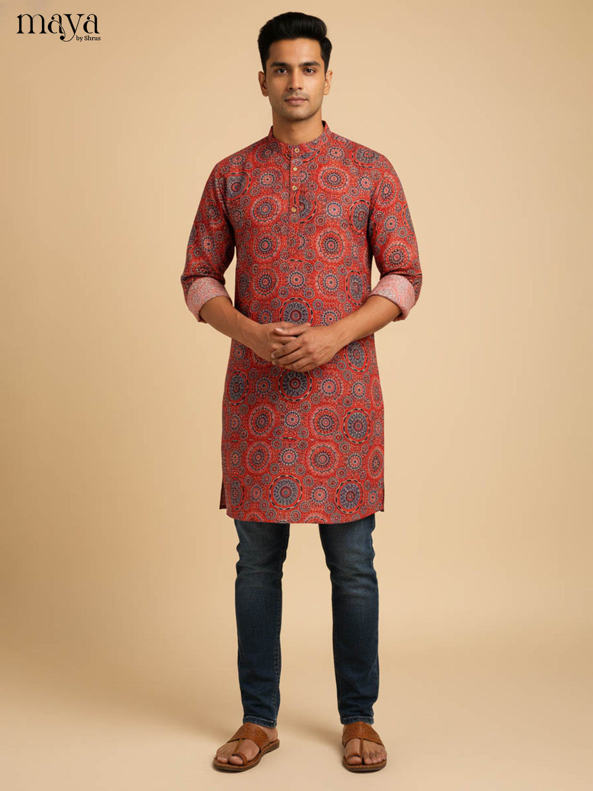 Vibrant Red Kurta For Men With Ajarakh Prints