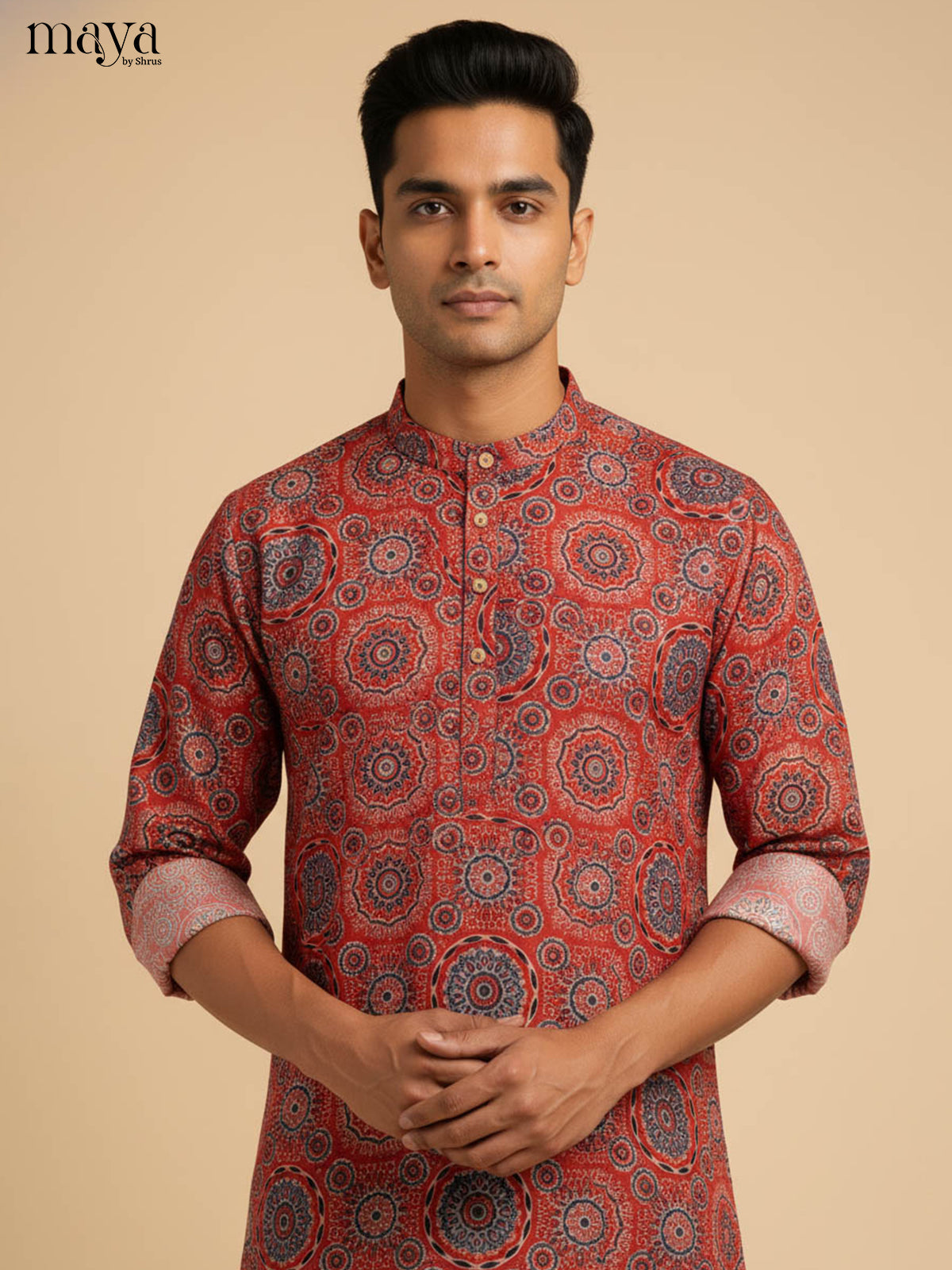 Vibrant Red Kurta For Men With Ajarakh Prints